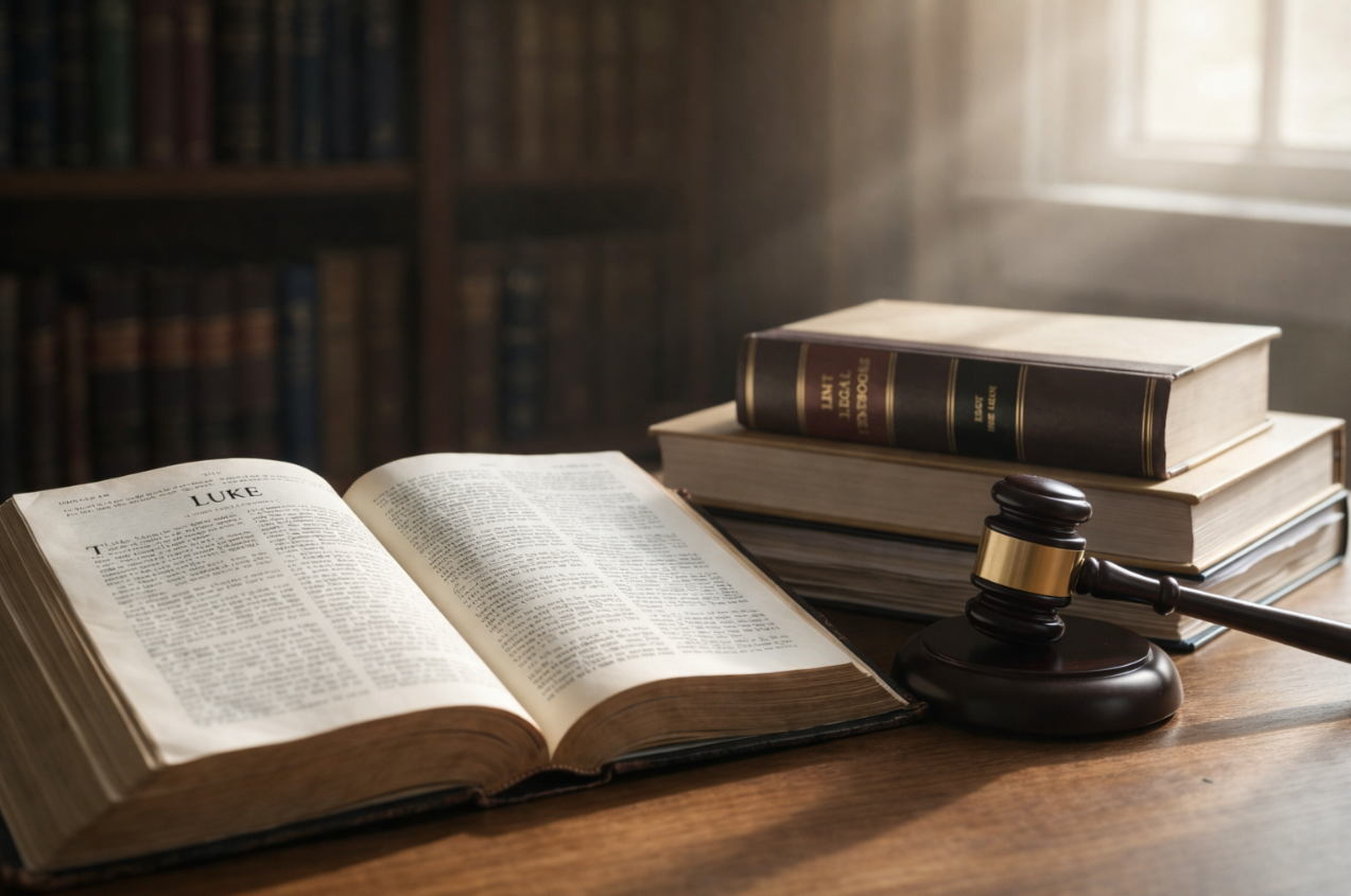 An open Bible to the Gospel of Luke beside legal books and a gavel in soft window light, symbolizing faith and justice.