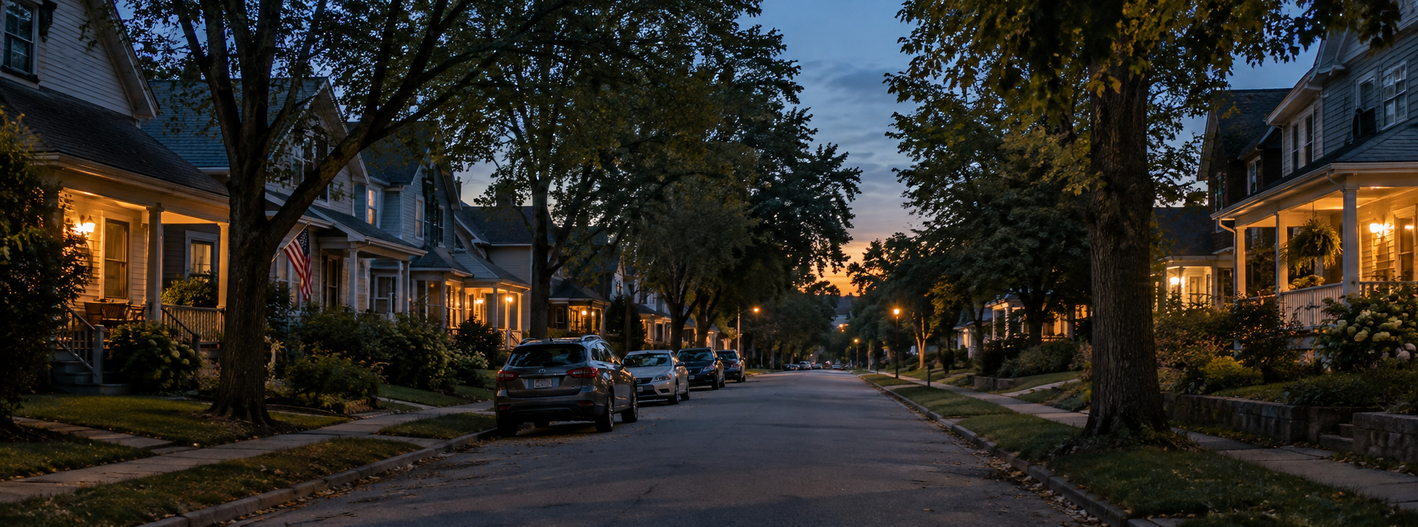A quiet tree-lined residential street at dusk, with porch lights glowing on wooden houses along both sides and cars parked at the curb.