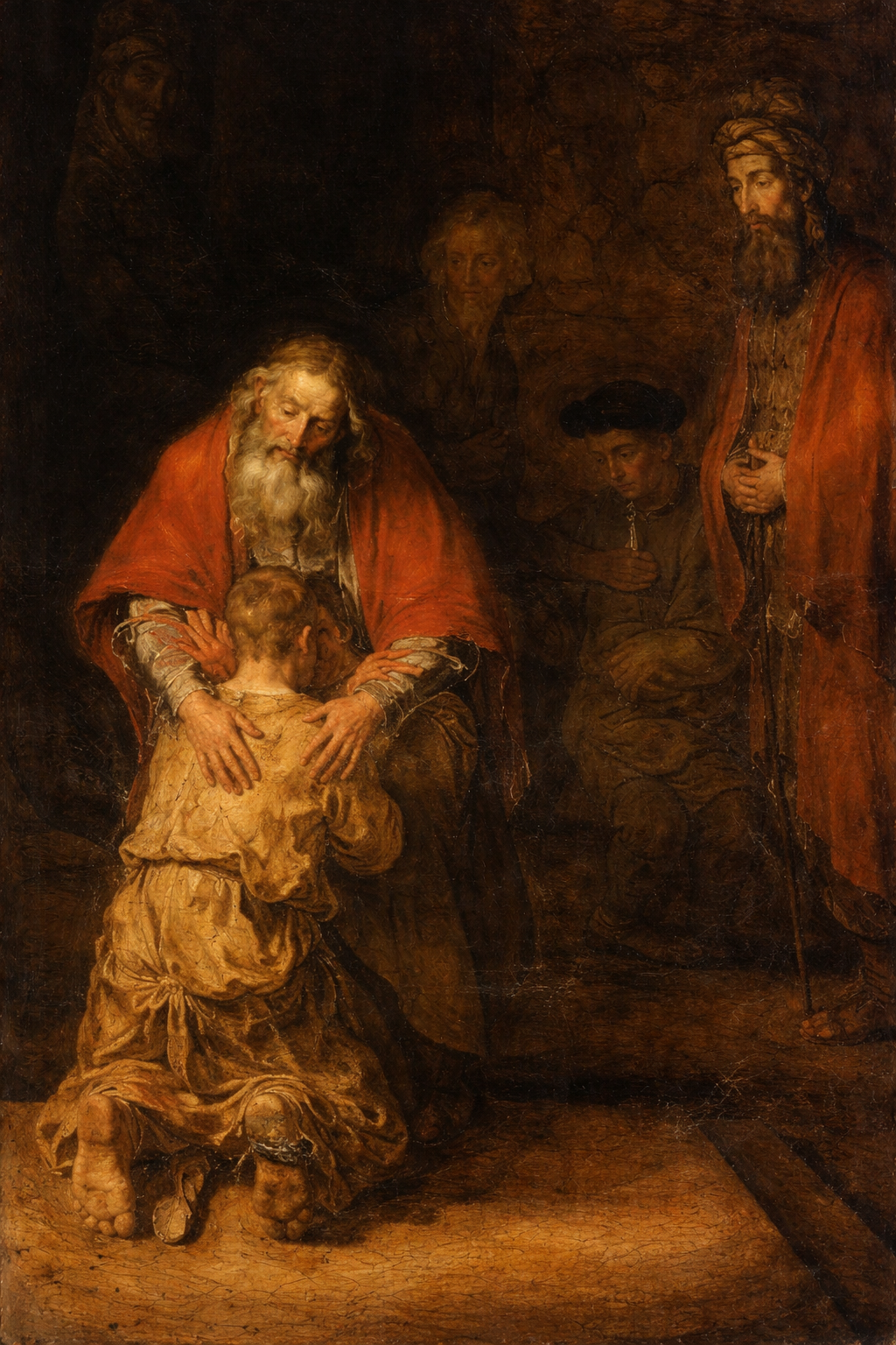 Rembrandt painting of the Prodigal Son: a kneeling son embraced by his father while the older brother watches from the shadows.