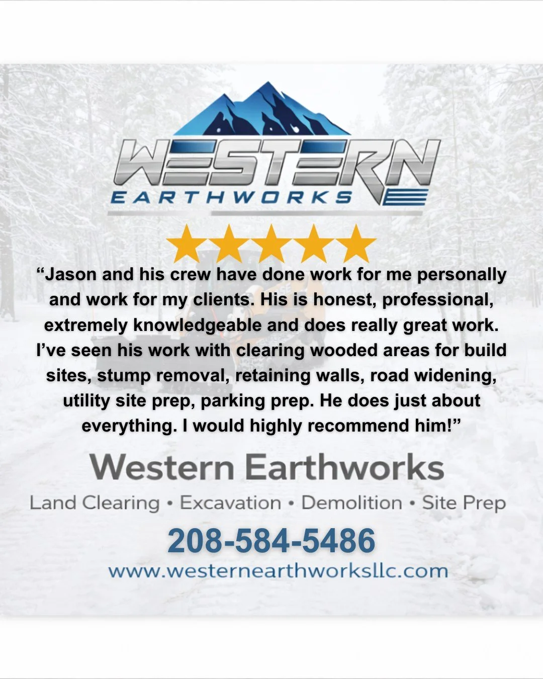A five star review reflects the care and effort our team puts into every job. Western Earthworks LLC is proud to serve North Idaho with reliable service and a strong local work ethic.
Call 208-584-5486 for a free estimate.
#FiveStarCompany #NorthIdah
