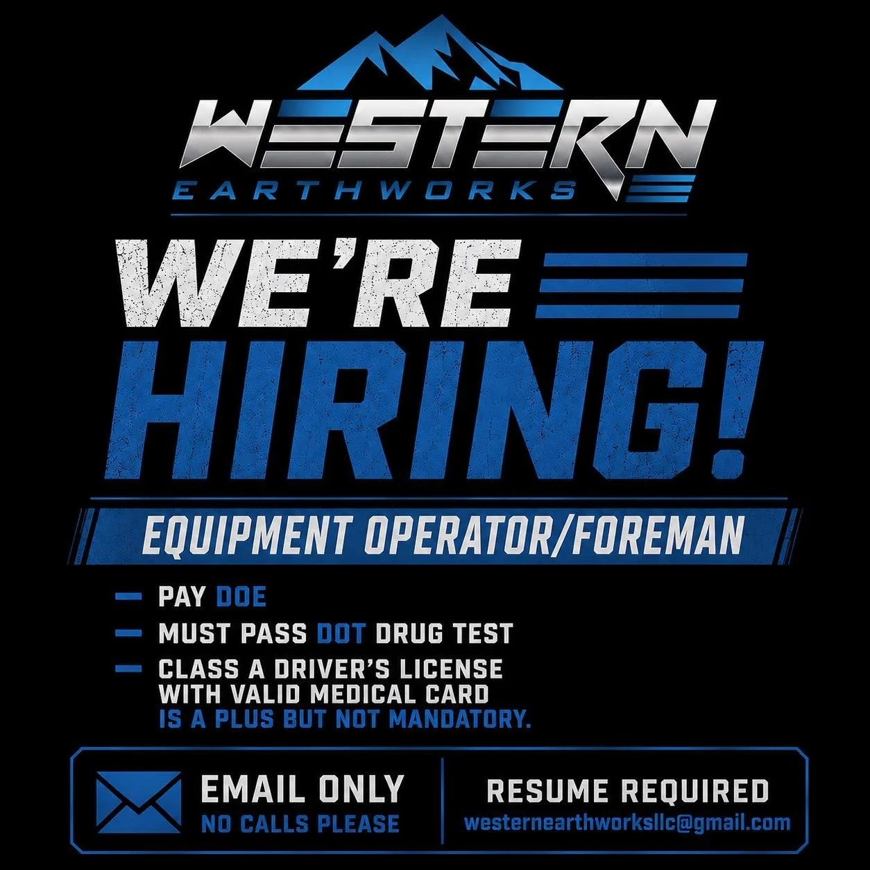 WE&rsquo;RE HIRING!

Western Earthworks is looking for an experienced Equipment Operator/Foreman to join our team. We are looking for someone who takes pride in their work, works well with others, and understands the importance of treating customers,