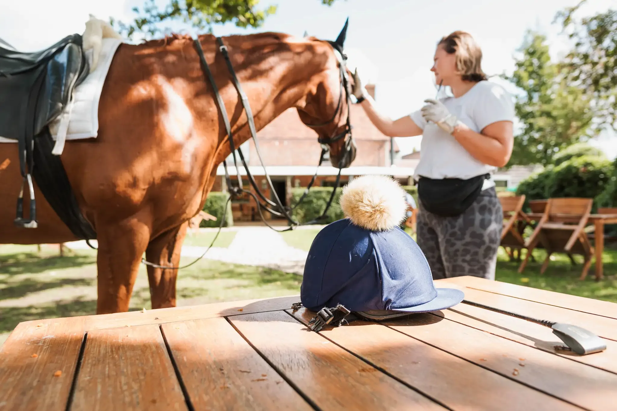 A woman grooming a brown horse outdoors with trees and benches in the background, a blue hat with a pom-pom resting on a wooden table in the foreground.