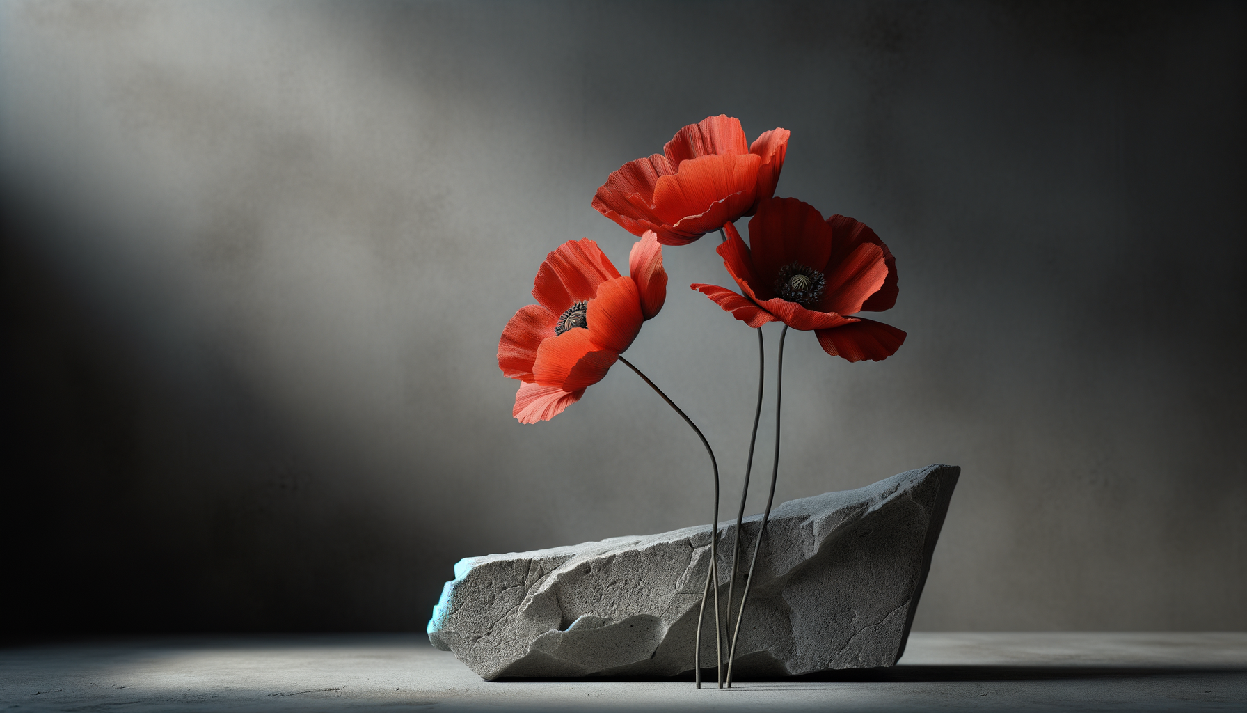 Three red poppy flowers in a gray stone vase on a gray surface with a dark background.