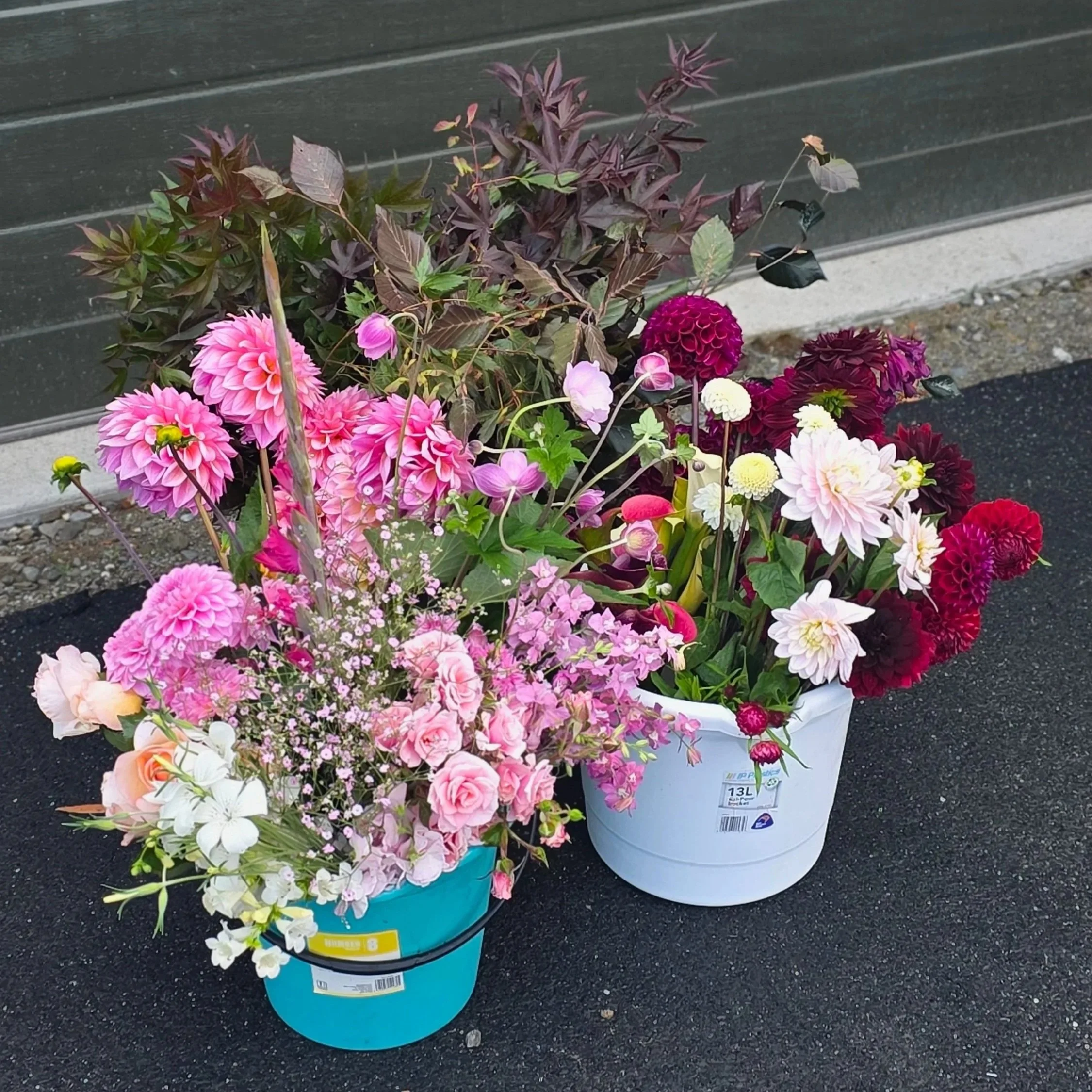 Two buckets filled with various colorful flowers, including pink, white, purple, and peach, arranged outdoors on a paved surface against a horizontal siding wall.
