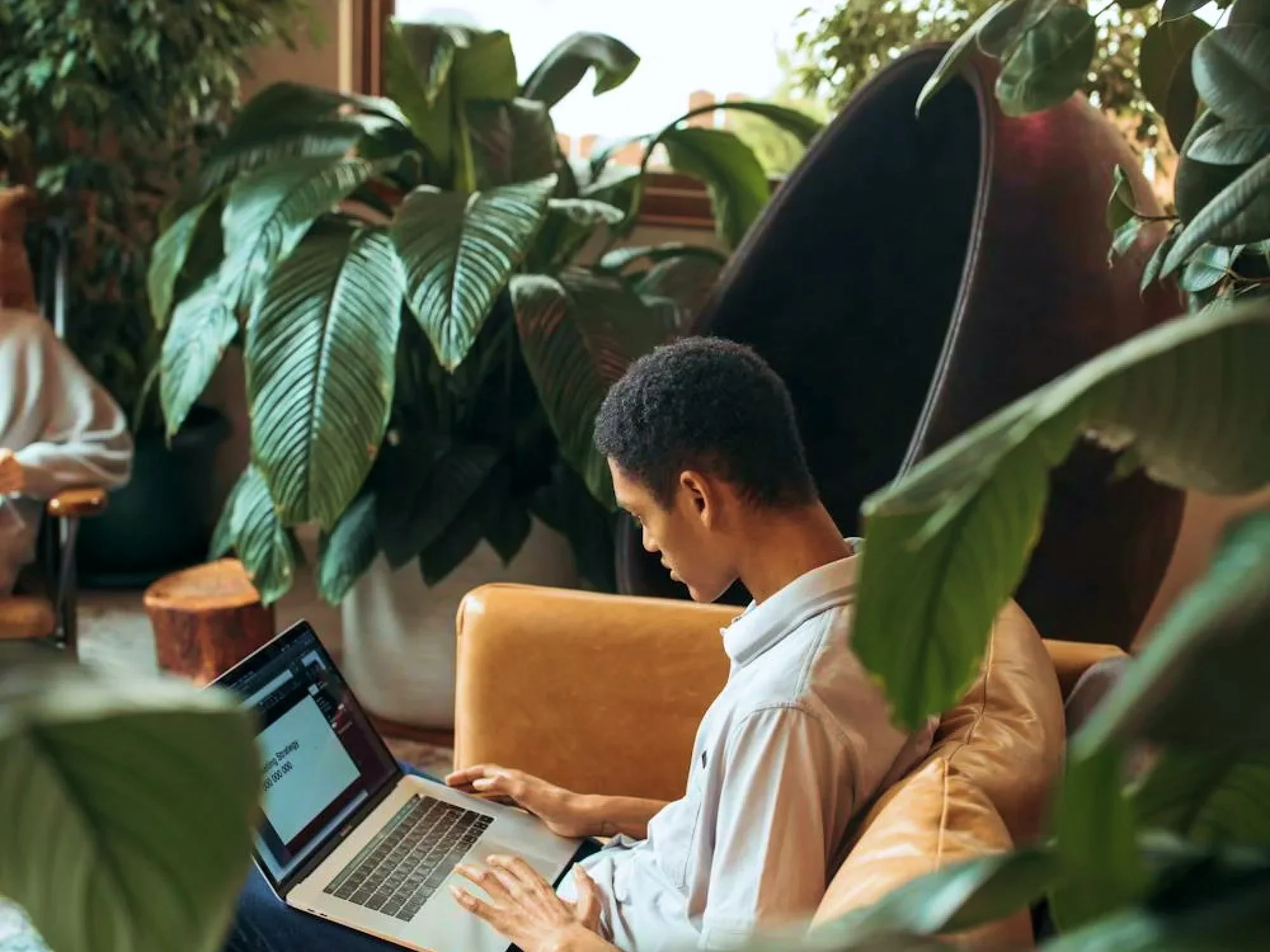 A young man with short curly hair sitting on a tan leather sofa in a lush, green indoor setting, using a silver laptop.