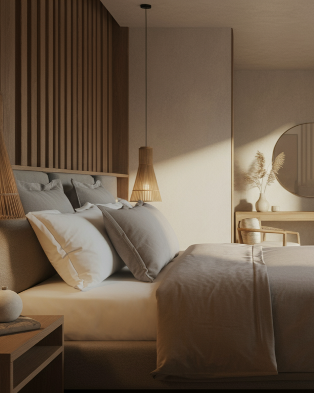 Minimal bedroom designed for restorative sleep and low-tox living environment