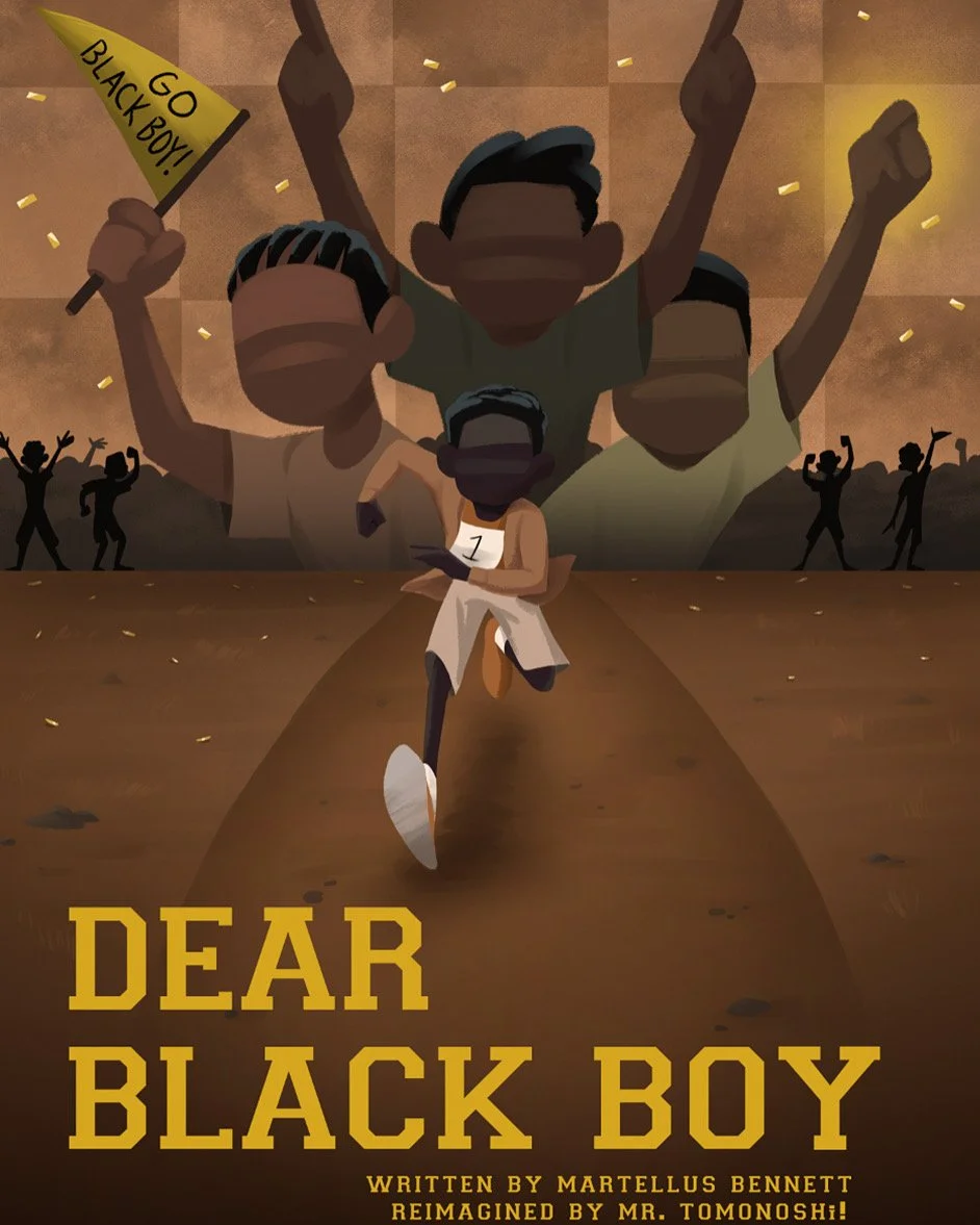 BLACK BOY RACING TOWARD THE FINISH LINE PEOPLE CHEERING FOR HIM IN THE BACKGROUND