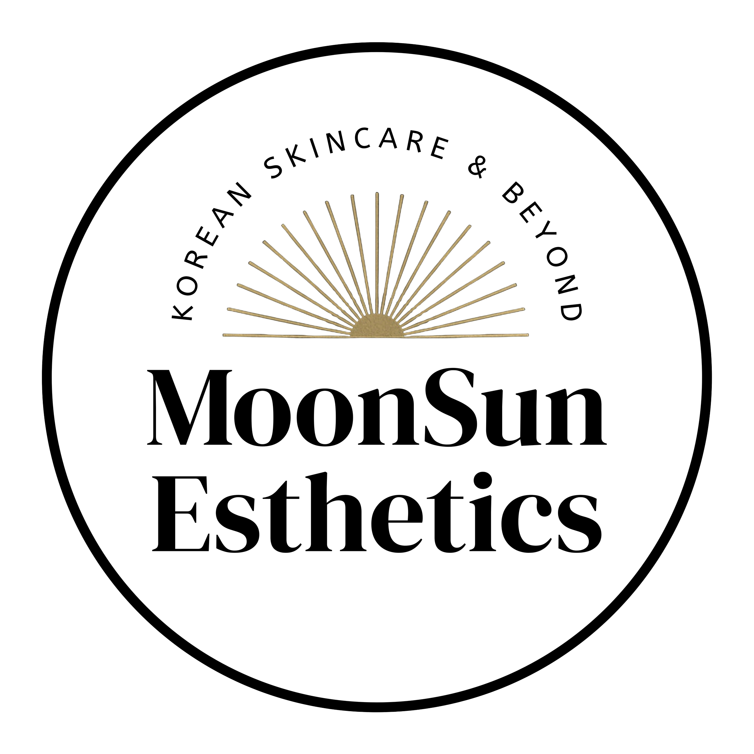 Logo of MoonSun Esthetics, featuring a circular design with a gold sunburst pattern at the center, and the company name encircling it with the text "MoonSun Esthetics" and "Darker Kan".