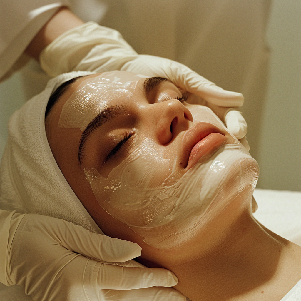 Essential Facial at MoonSun Esthetics - A woman lying down with her eyes closed, receiving a facial treatment, with a face mask applied and gloved hands gently touching her face.