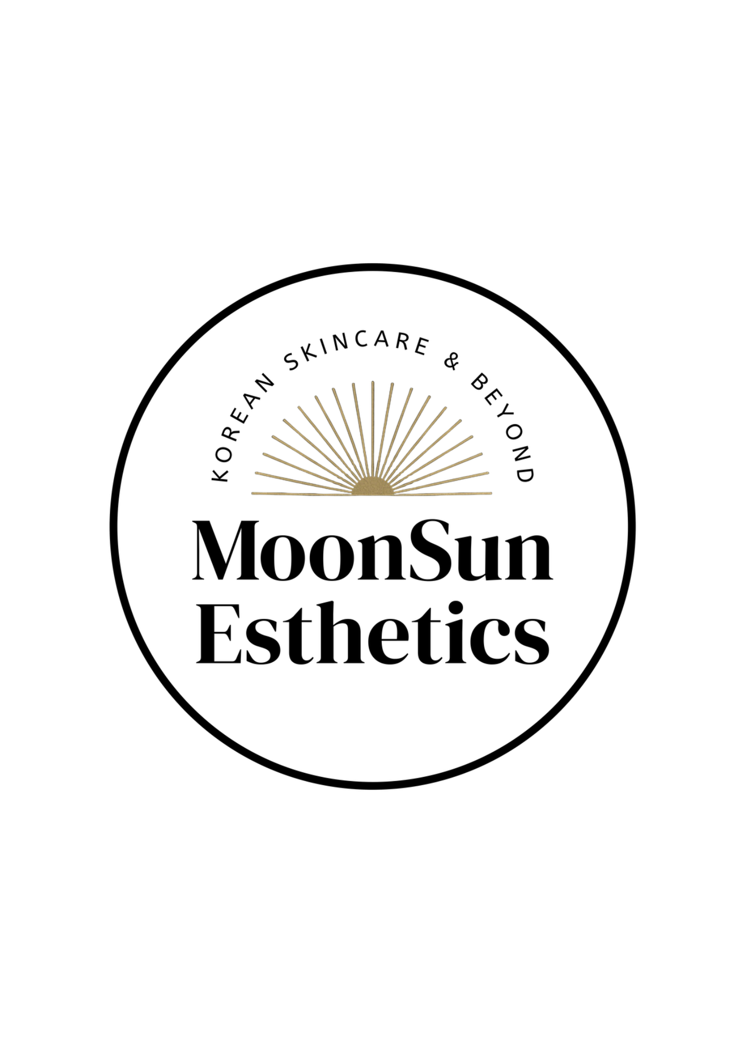 Logo for MoonSun Aesthetics with a black background, a circular white center containing a gold sunburst, and text reading 'Korean Skincare & Beyond' around the top edge and 'MoonSun Aesthetics' below the sunburst.