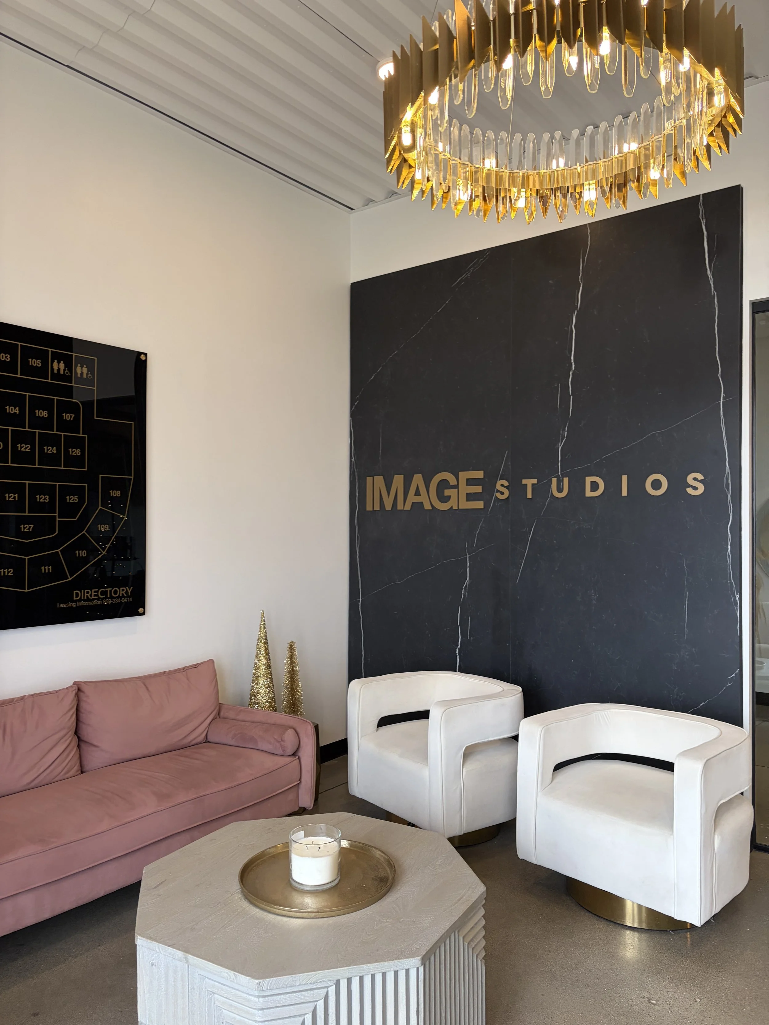 At MoonSun Esthetics - A waiting area at IMAGE STUDIOS with a mauve sofa, two white lounge chairs, a round beige coffee table with a candle, a black marble wall with gold lettering, and a large gold chandelier.