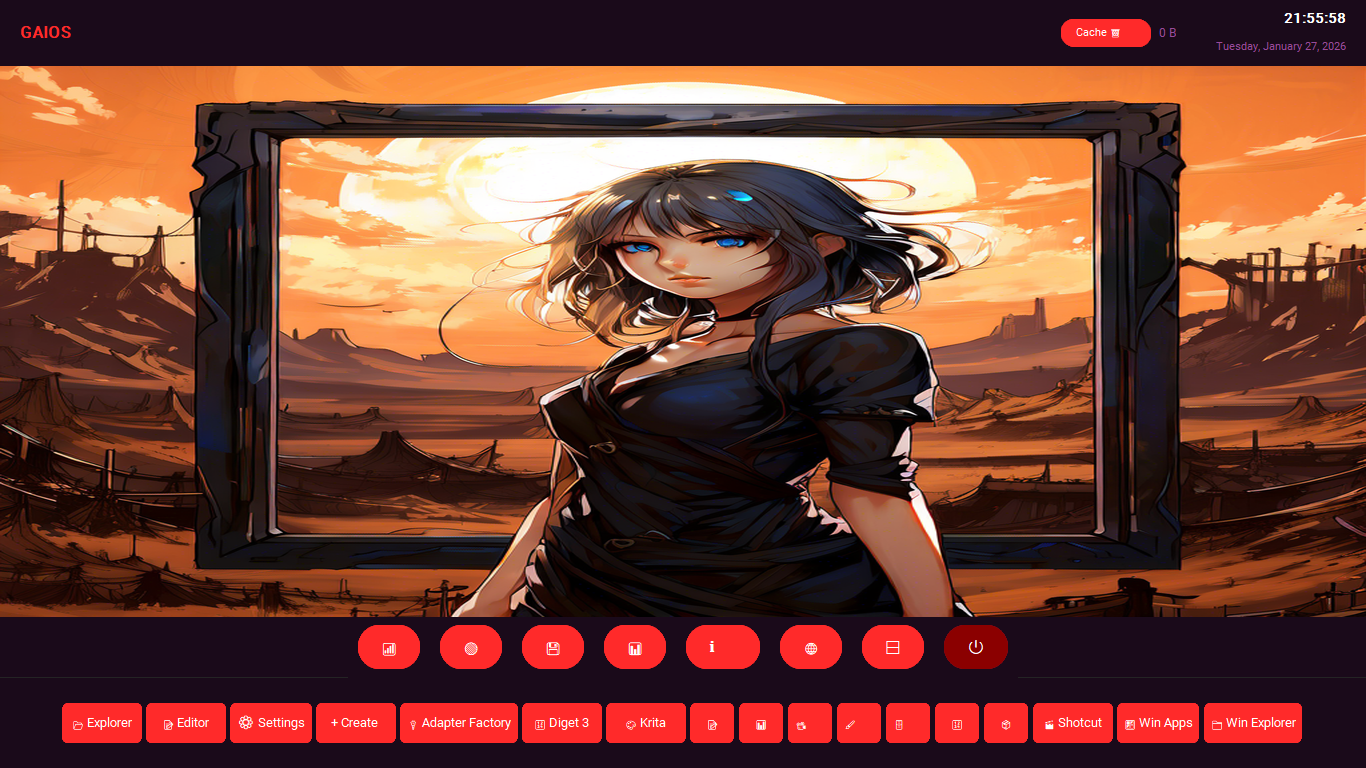 Digital art of a girl with blue eyes and black hair standing in front of a sunset landscape, framed by a decorative black border, with a stylized interface and red buttons at the bottom.