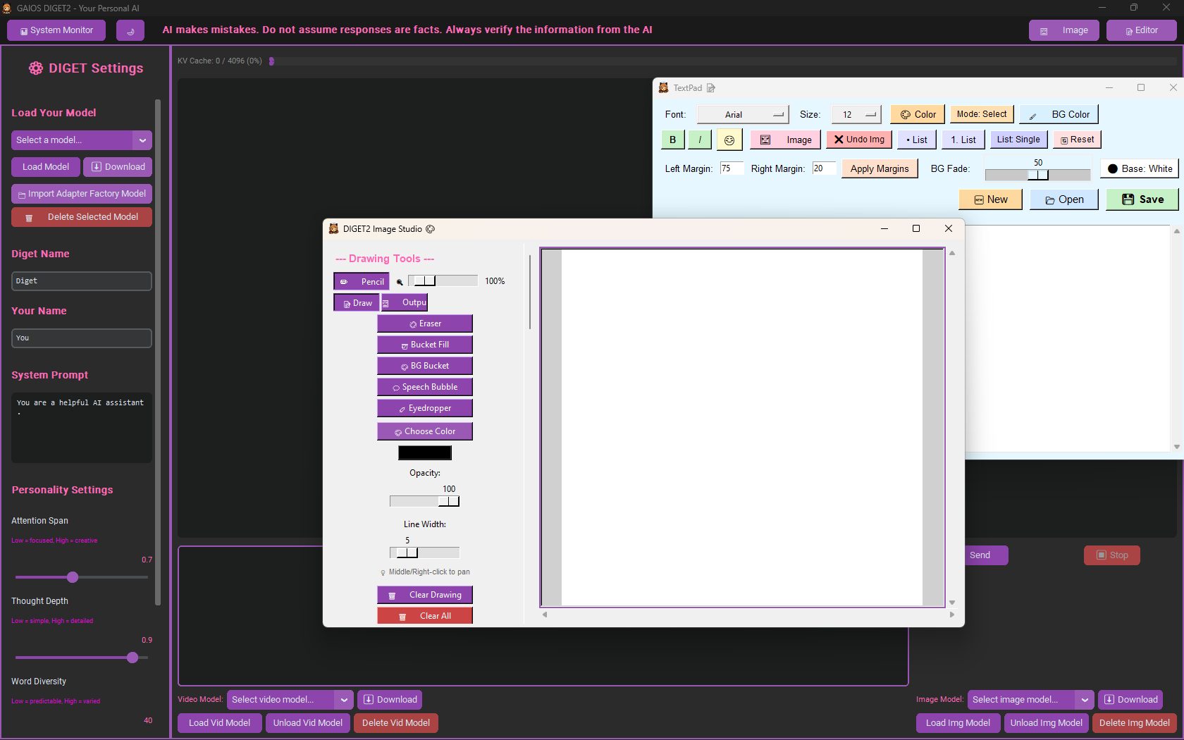 A computer screen showing an AI-based image generation software with various editing tools, settings, and a blank canvas for drawing.