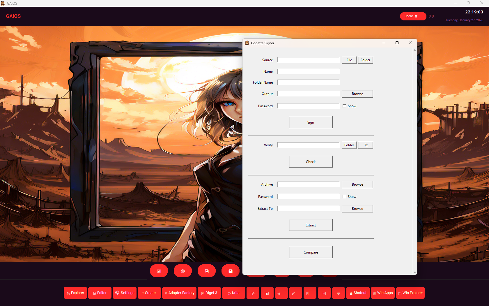Screenshot of a software application called GAIOS with a dark-themed interface, showing an anime-style girl with brown hair and blue eyes against a sunset landscape background in the main window. The overlay window titled 'Codette Signer' contains fi