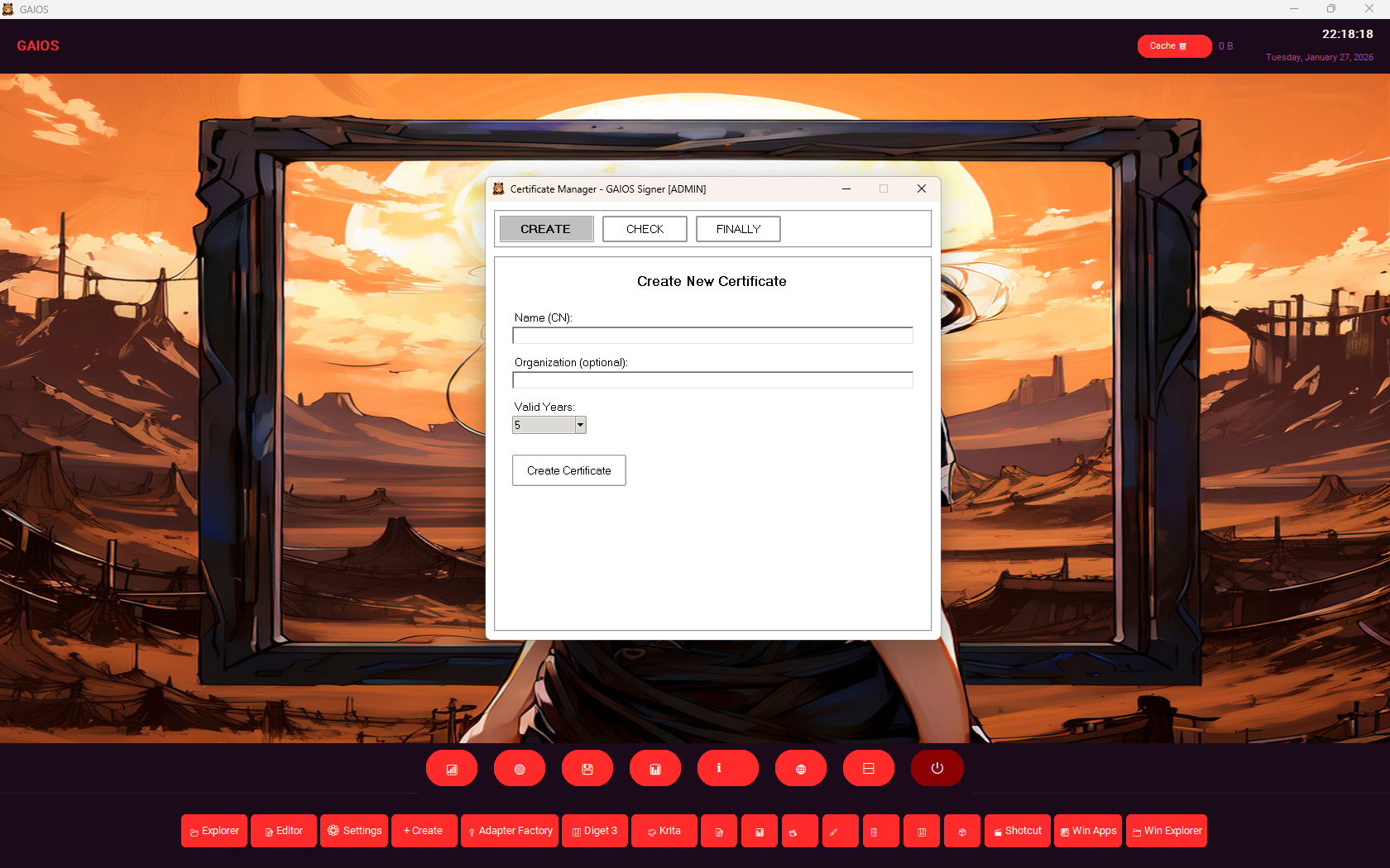 A digital artwork featuring a person looking at a vibrant orange sunset in the background, with a large computer window overlay showing a certificate creation interface.