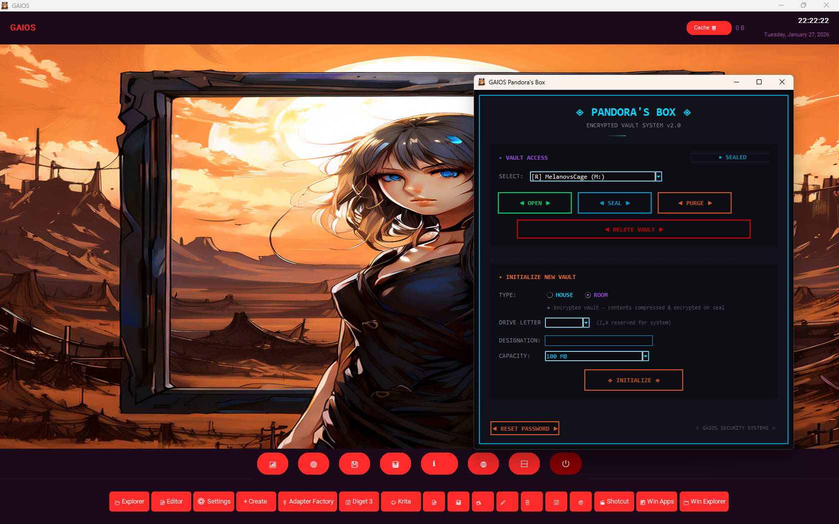 A digital illustration of a young woman with blue eyes and long brown hair standing in front of a window, with a sunset landscape of mountains and a sky filled with orange and pink hues in the background. A software interface titled "Pandora's Box" i