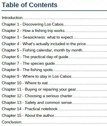 Page from a book or document showing the table of contents for a guide on fishing trip in Los Cabos, listing chapters from discovering Los Cabos to practical notebook and author information.