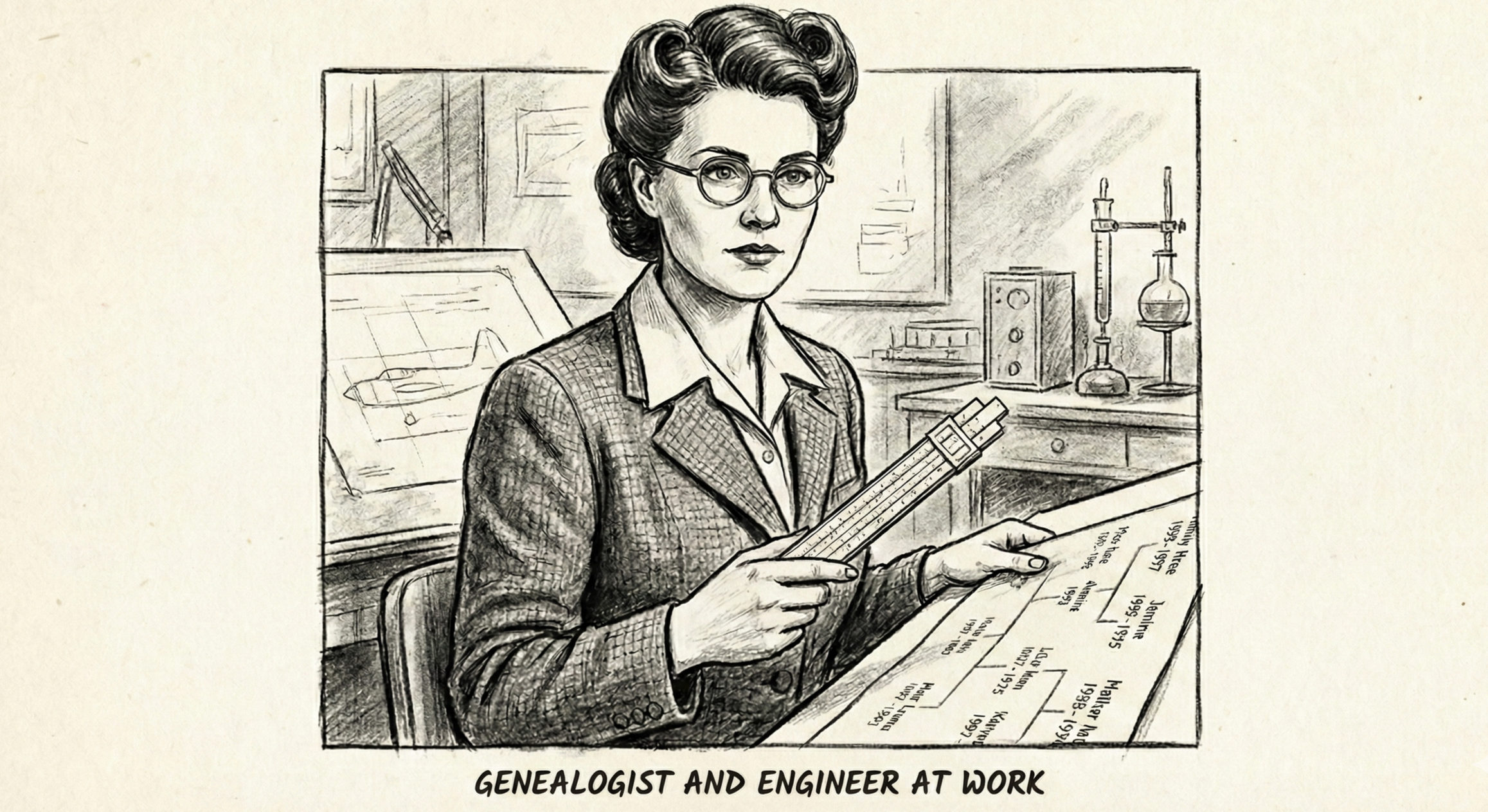 A black and white sketch of a woman with glasses working in a laboratory, holding a rolled-up measuring stick, with scientific equipment in the background. Caption: "Genealogist and engineer at work."