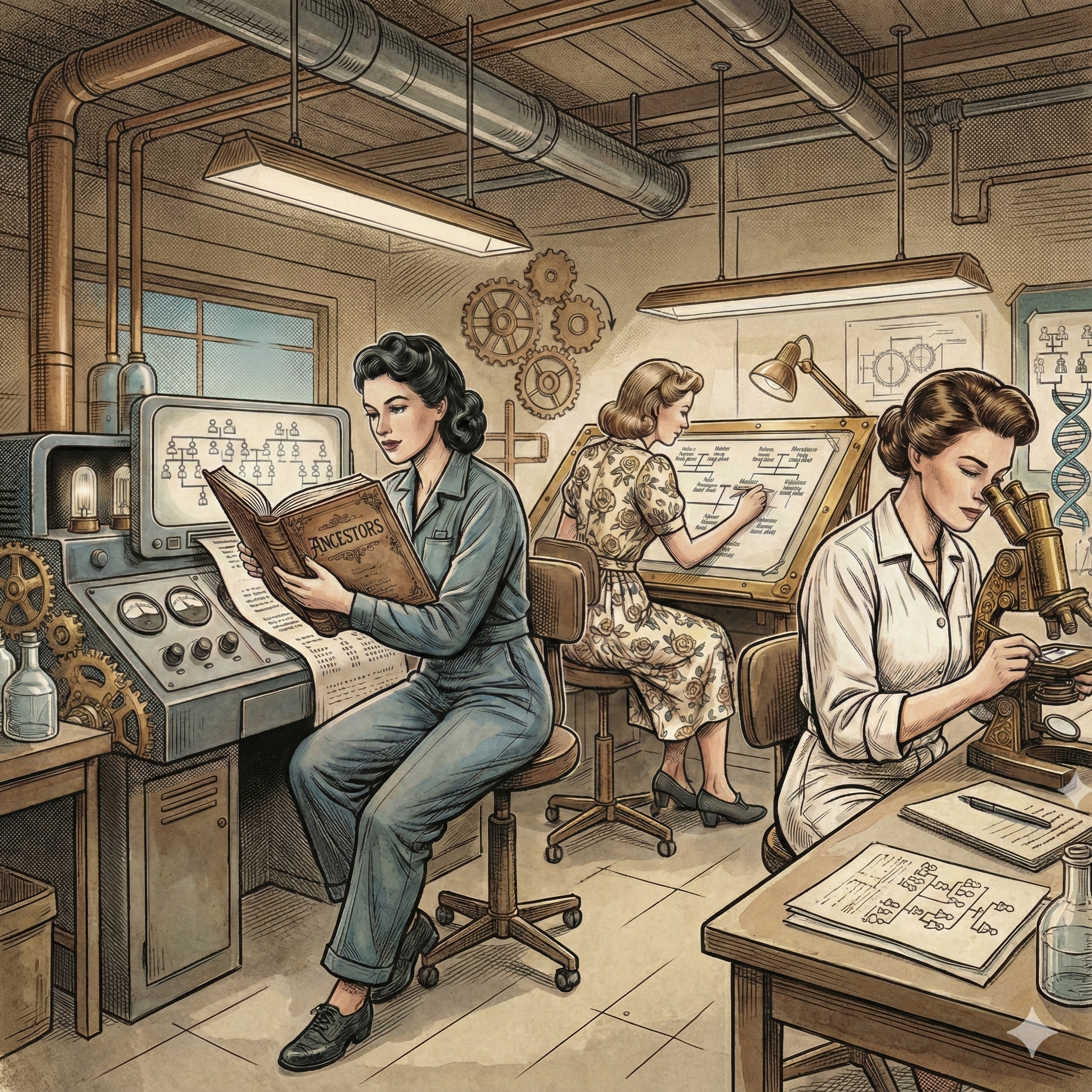 Vintage illustration of three women working in a laboratory or research facility, engaging in scientific and technological activities. One woman is reading a book titled 'Ancestors,' another is writing on a large drafting table, and the third is looking through a microscope. The background features industrial pipes, gears, and scientific diagrams.