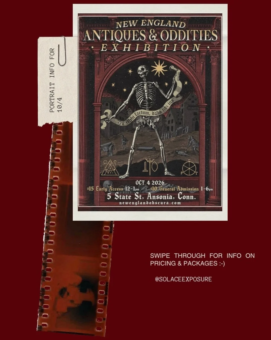 PORTRAIT INFO FOR 10/4 Antiques &amp; Oddities Exhibition hosted by @newenglandobscura !!

Photos will be sent digitally via Google Drive where I will add your edited photos to a shared folder! 📸

Classic Package: $25
You&rsquo;ll receive 1 or 2 edi