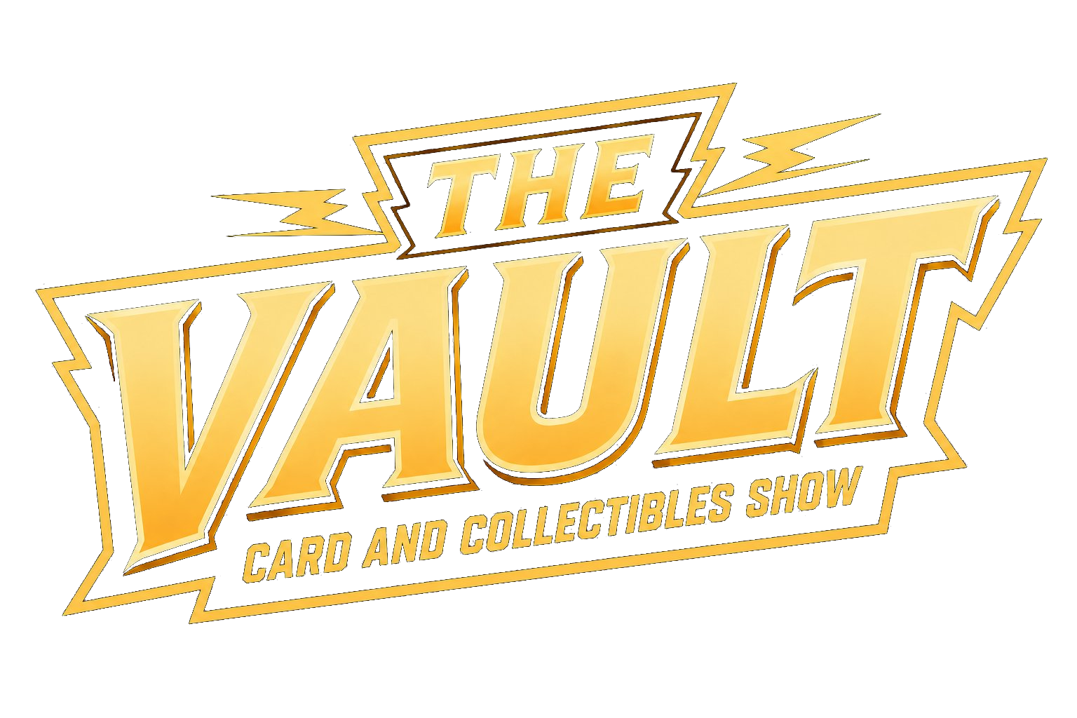 Logo for THE VAULT card and collectibles show with bold, gold, stylized text on a dark background.
