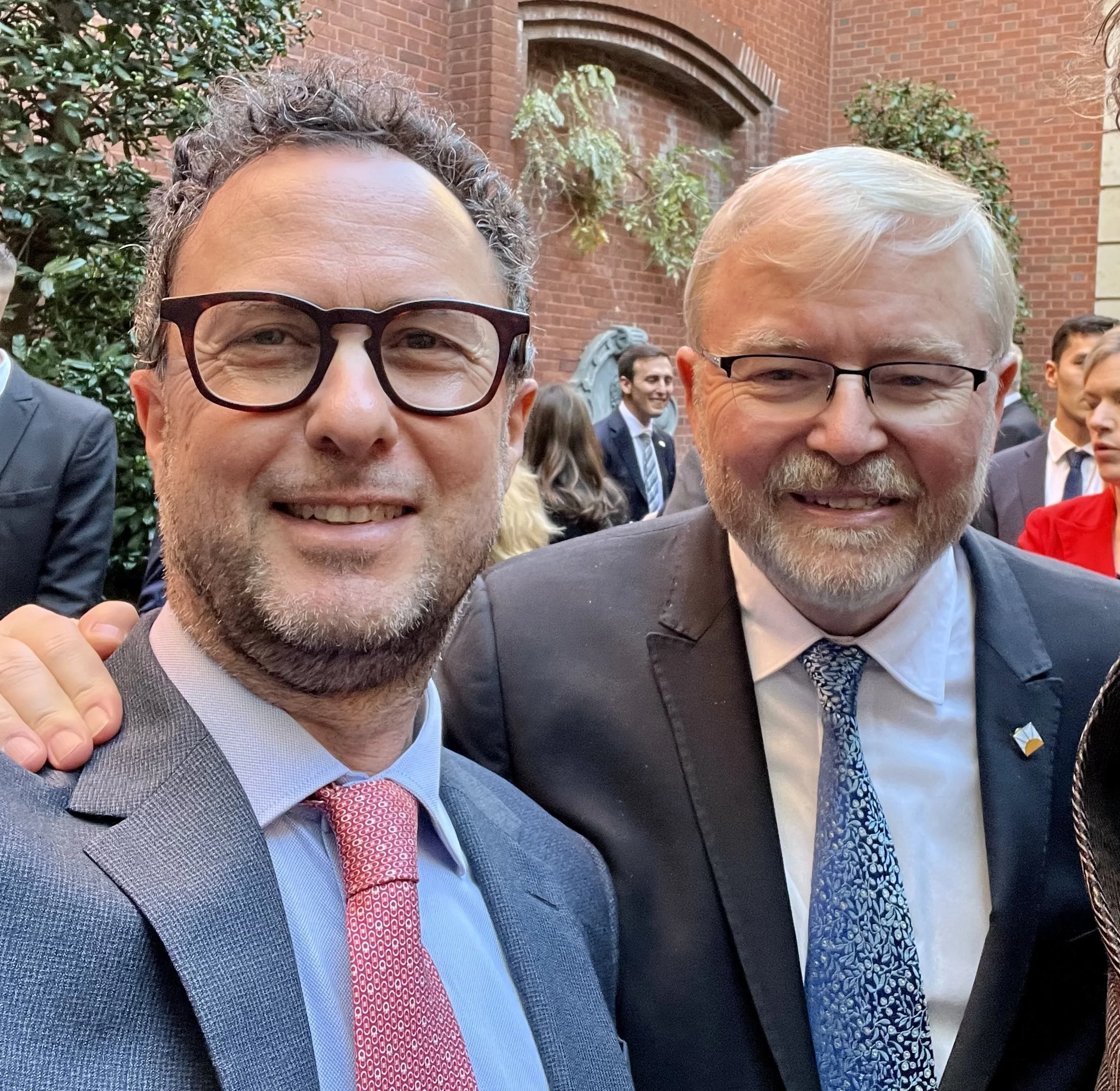 Australian Ambassador to America, Kevin Rudd, with Dan Cass at a reception for Prime Minister Anthony Albanese at Blair House the presidents official guest residence, opposite the White House