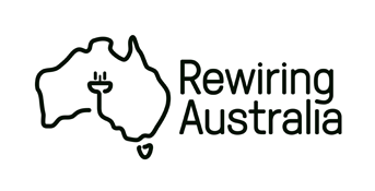 Outline of Australia with a power plug at the center and the text 'Rewiring Australia' to the right.