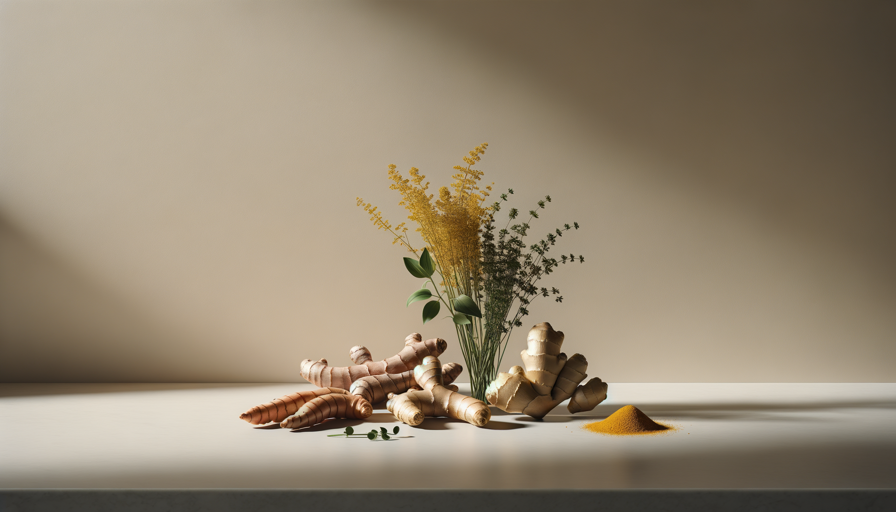 Fresh turmeric roots, turmeric powder, and a vase of herbs and yellow flowers on a neutral background.