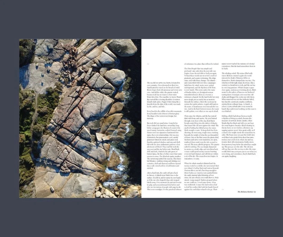The Bicheno Stories Edition 01 printed magazine photographed in Bicheno Tasmania