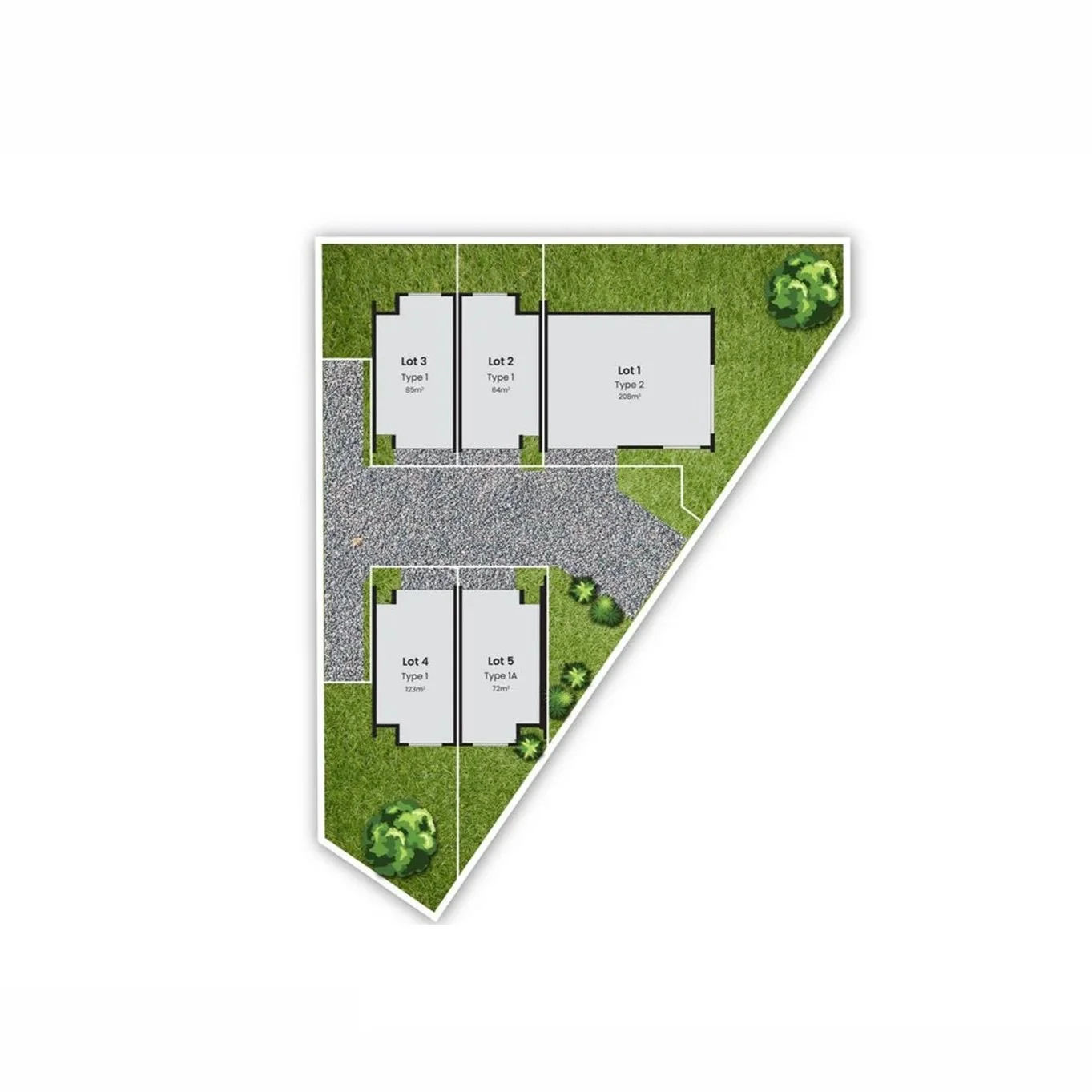 Site layout map showing five residential lots with labels and areas, a gravel driveway, green lawns, and trees.