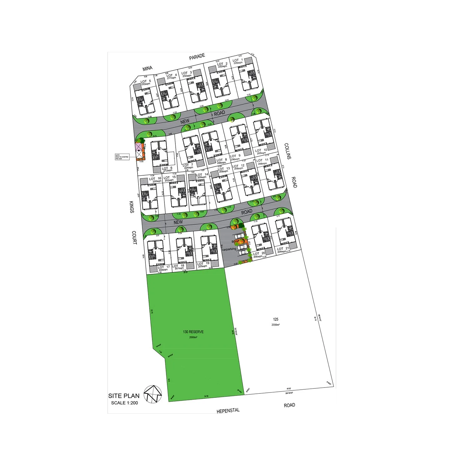 Site plan of a residential development with numbered lots, roads, landscaped areas, and a reserve green space.