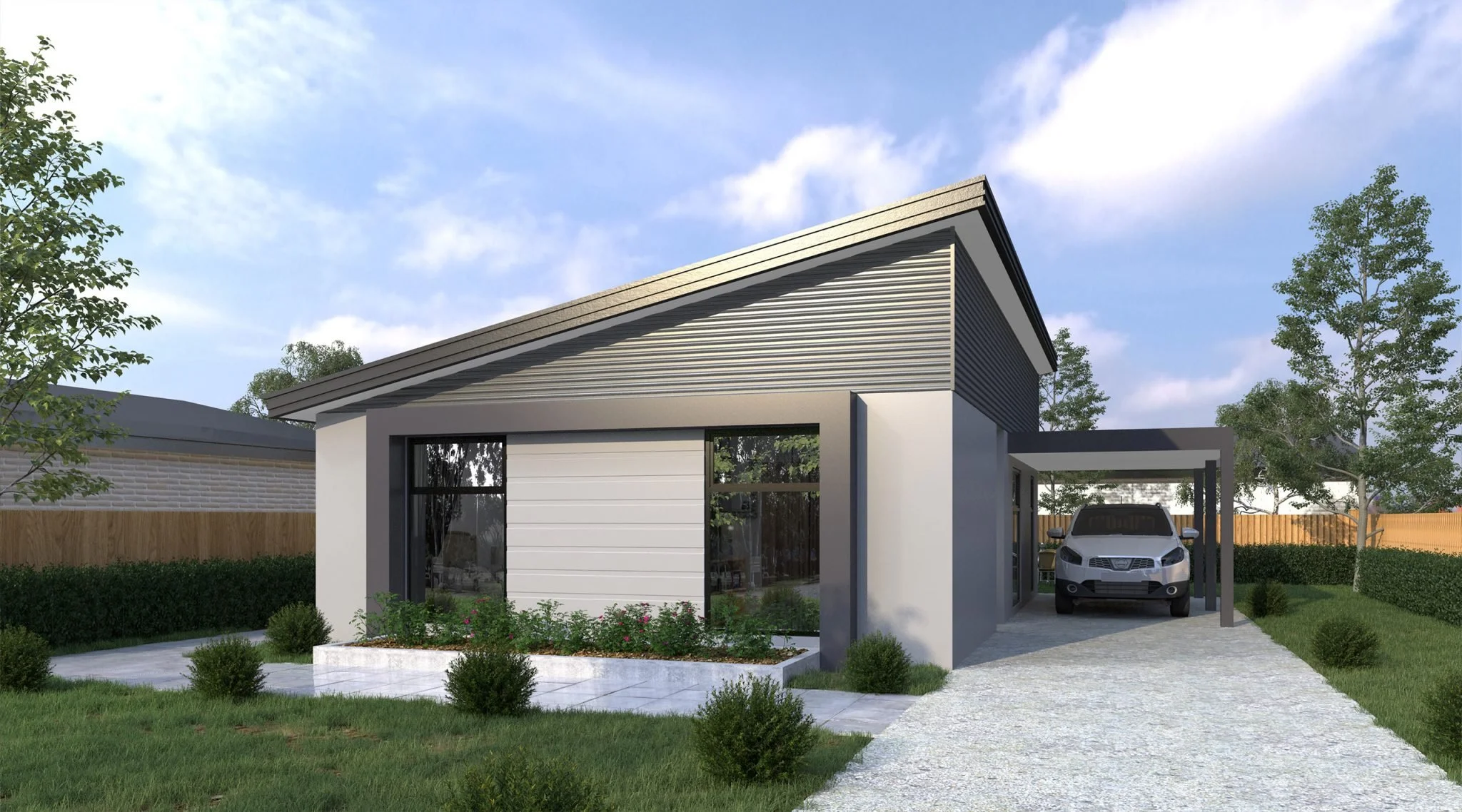 Modern single-story house with a sloped roof, large windows, front garden, and a carport with a white vehicle, surrounded by greenery.