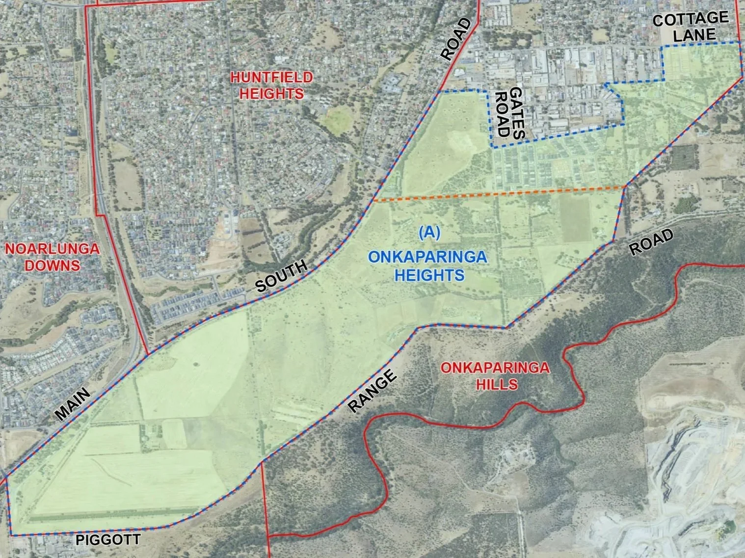 Map of Onkaparinga area showing neighborhoods, roads, parks, and natural features, including Onkaparinga Heights, Noarlunga Downs, Huntfield Heights, Noarlunga Hills, Piggott, and marked roads, with areas outlined and labeled.