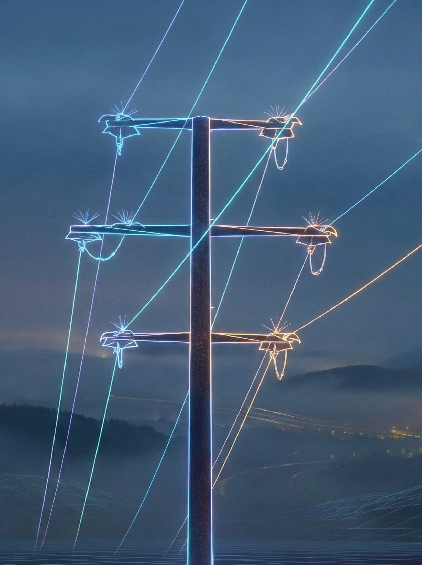 Nighttime photograph of a utility pole with glowing neon outline of electrical insulators and lines, with a blurred landscape in the background.