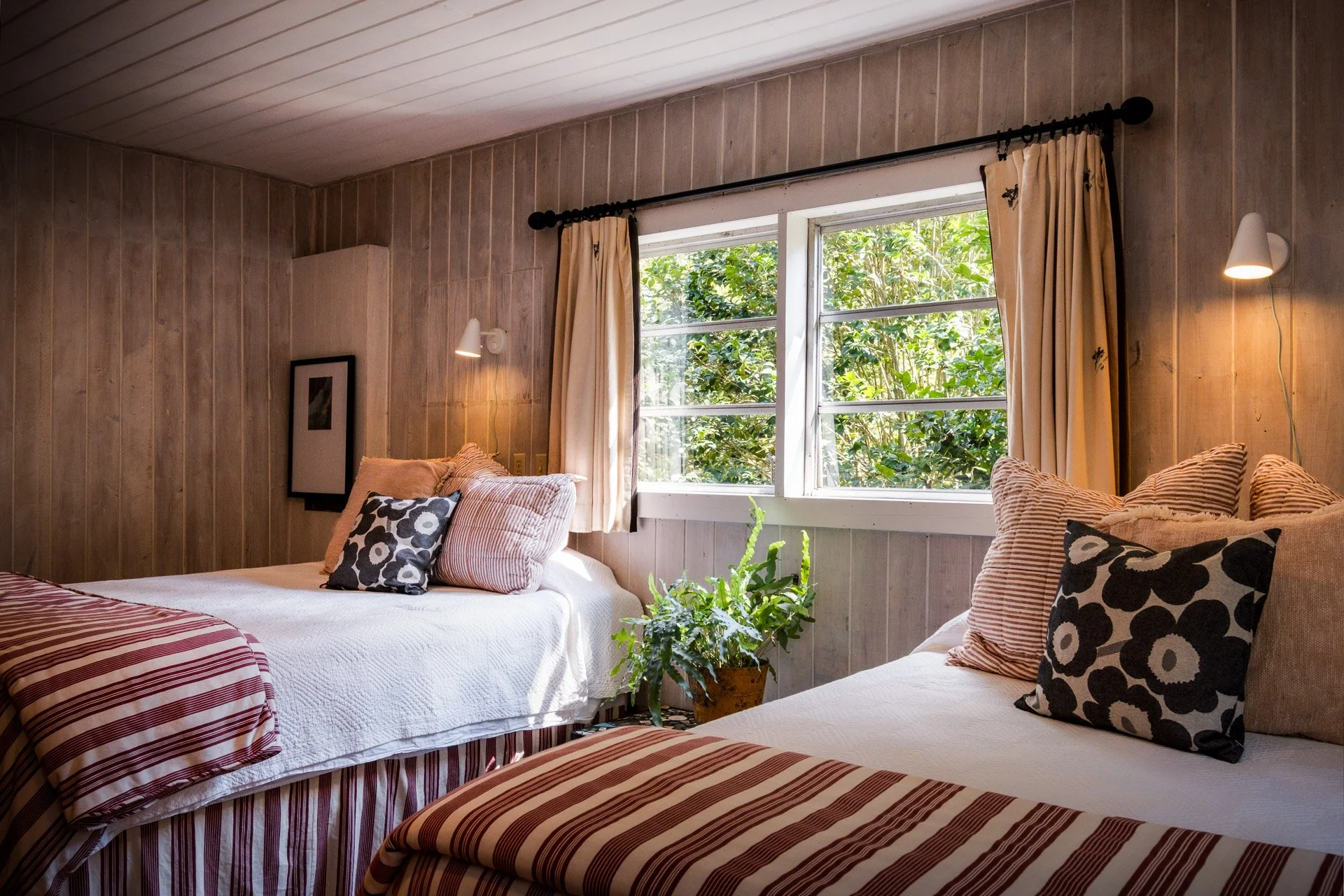 A cozy bedroom with two beds, wooden paneled walls, a window with curtains, a plant, and pillows.