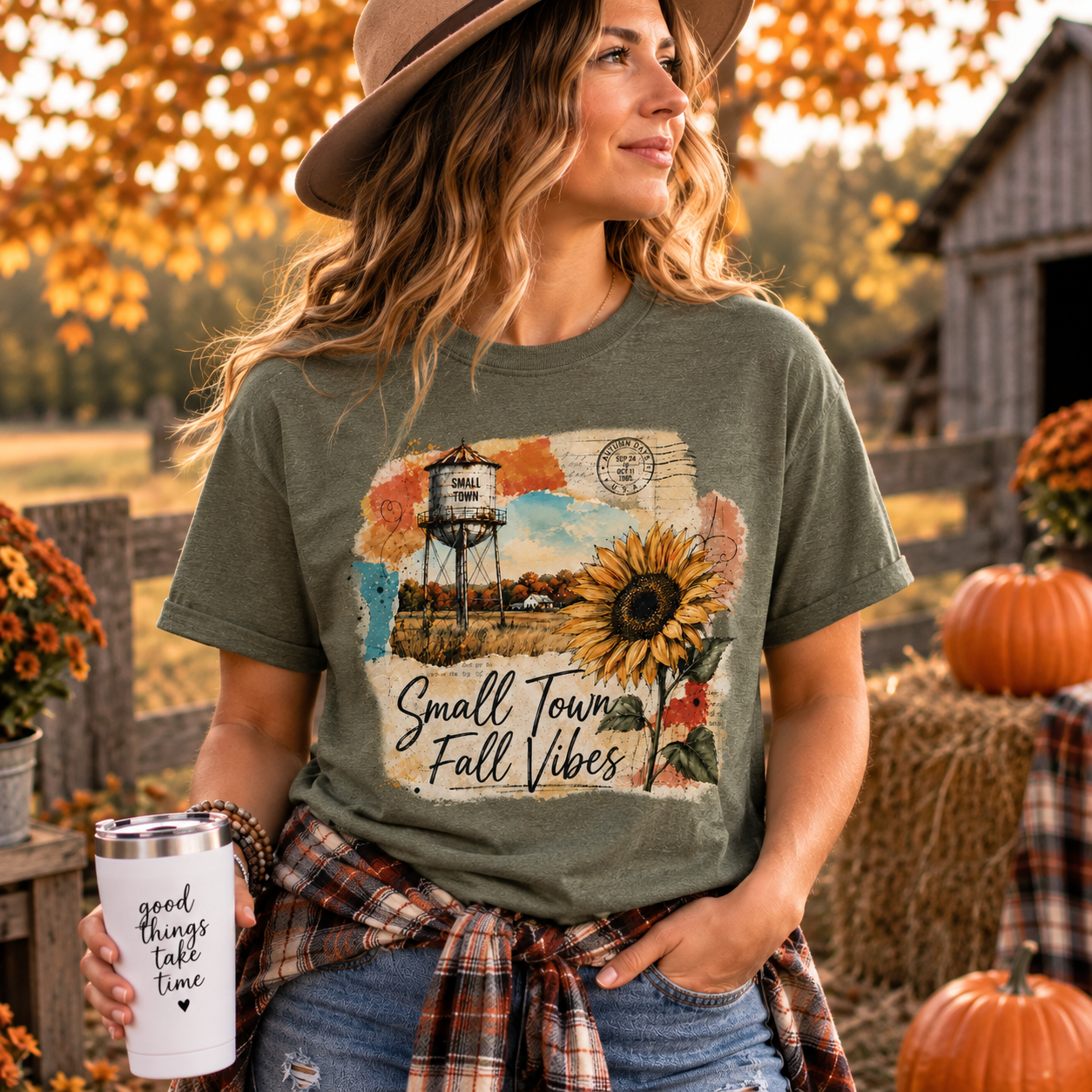 Small Town Fall Vibes Outdoor Tshirt Lifestyle Mockup Military Green.png