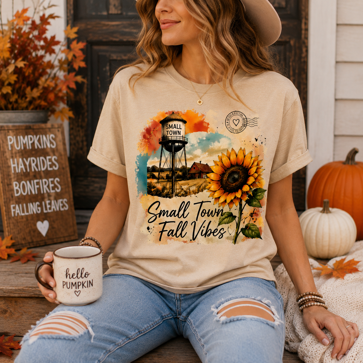 Small Town Fall Vibes Outdoor Tshirt LIfestyle Mockup Sand.png