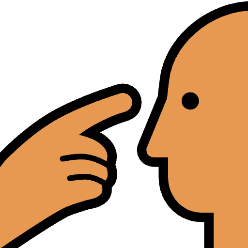 Illustration of a hand pointing to a person's forehead, symbolizing thinking or decision-making.