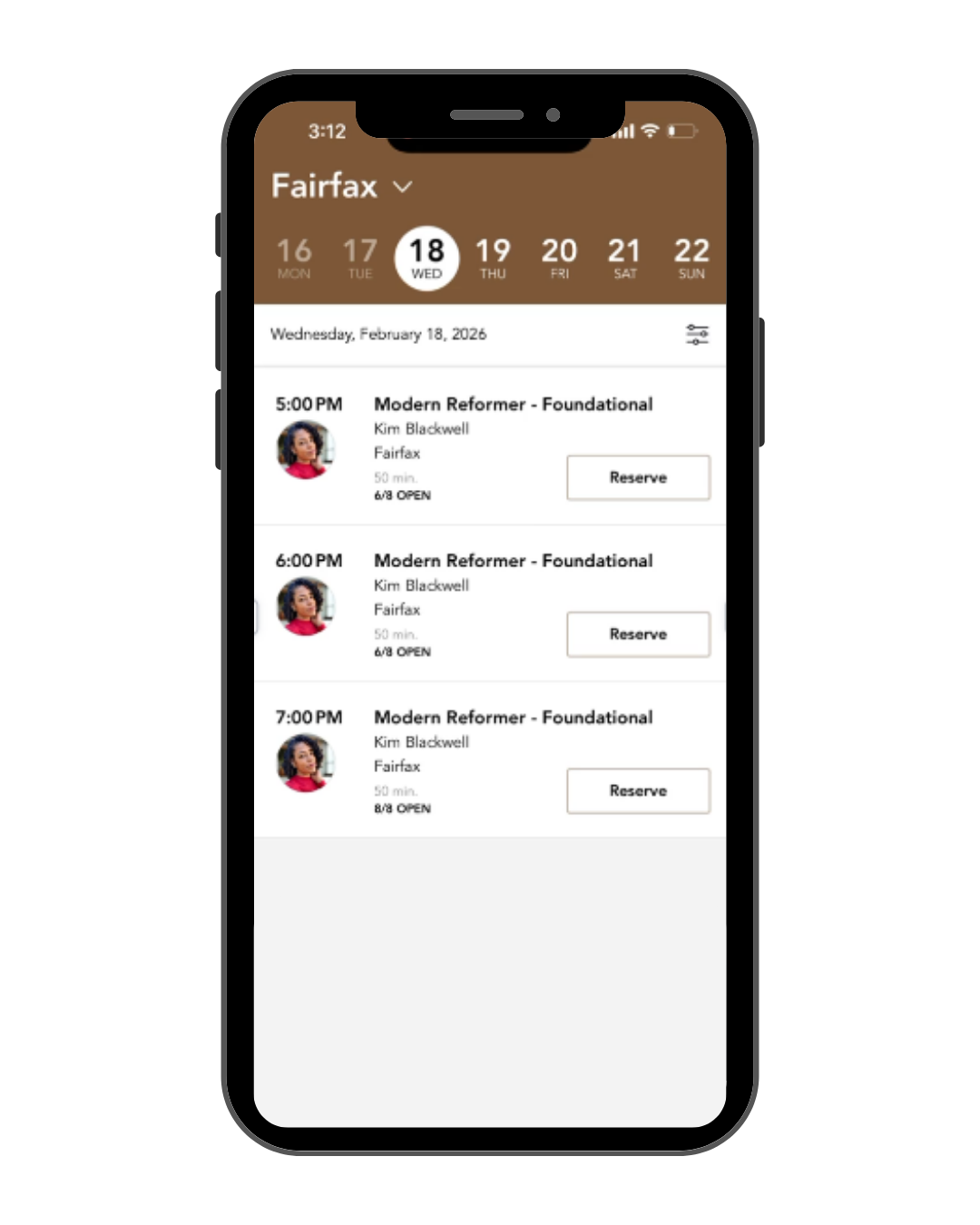 Mobile phone screen displaying a scheduling app for Fairfax on February 18, 2026, with three appointment times for a class called Modern Reformer - Foundational by Kim Blackwell, each with a Reserve button.