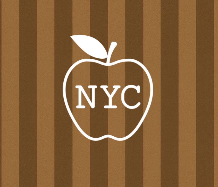 Icon of an apple with the letters 'NYC' inside, on a brown striped background.
