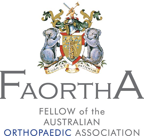 The coat of arms featuring two koalas holding a shield with a serpent entwined around a staff, topped with a knight's helmet and a crest, and a banner with the Latin motto 'CURA ET PATIENTIA.' The text reads 'FAORTHA ABOUT THE AUSTRALIAN ORTHOPAEDIC ASSOCIATION, FELLOW of the AUSTRALIAN ORTHOPAEDIC ASSOCIATION.'