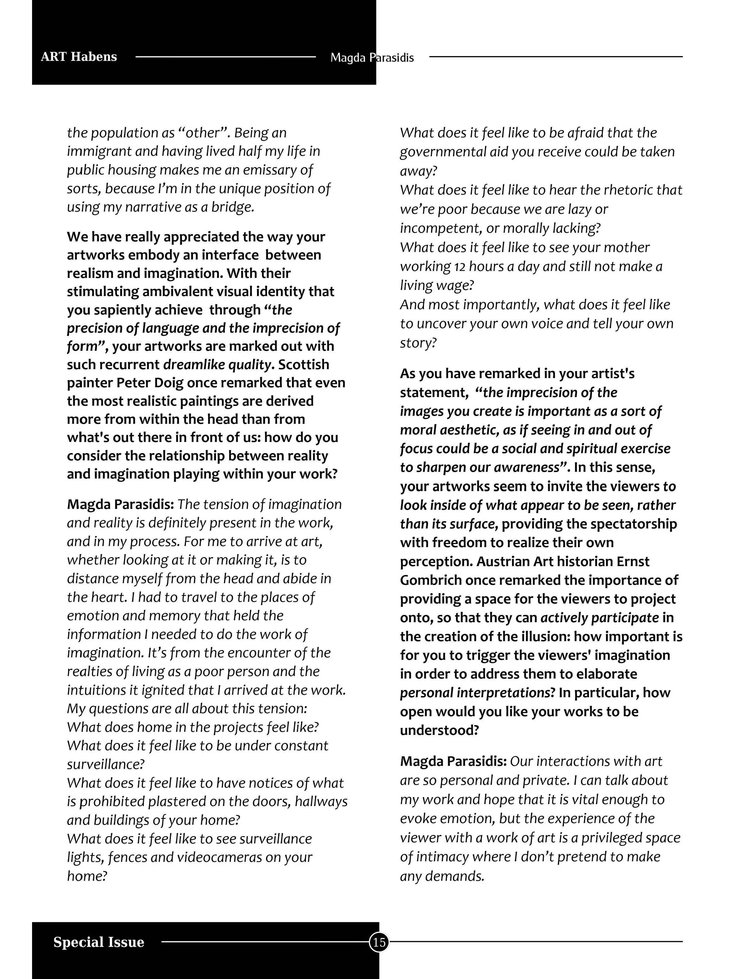 Page from an art magazine featuring an interview with artist Magda Parasis. Includes questions about the relationship between reality and imagination in art, and her views on surveillance, perception, and personal space in her work.