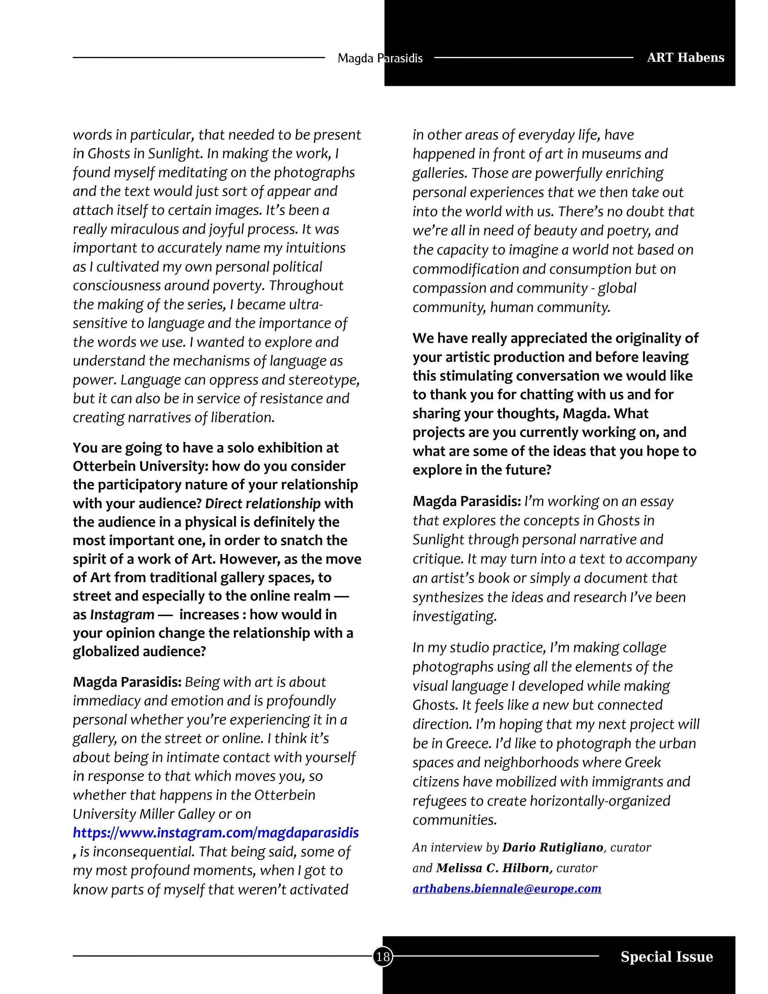 Page from a magazine or journal featuring an interview with Magda Parasidism, discussing her artwork, solo exhibition plans at Otterbein University, art concepts, and research. The page includes a header with her name, an article title ART Habens.