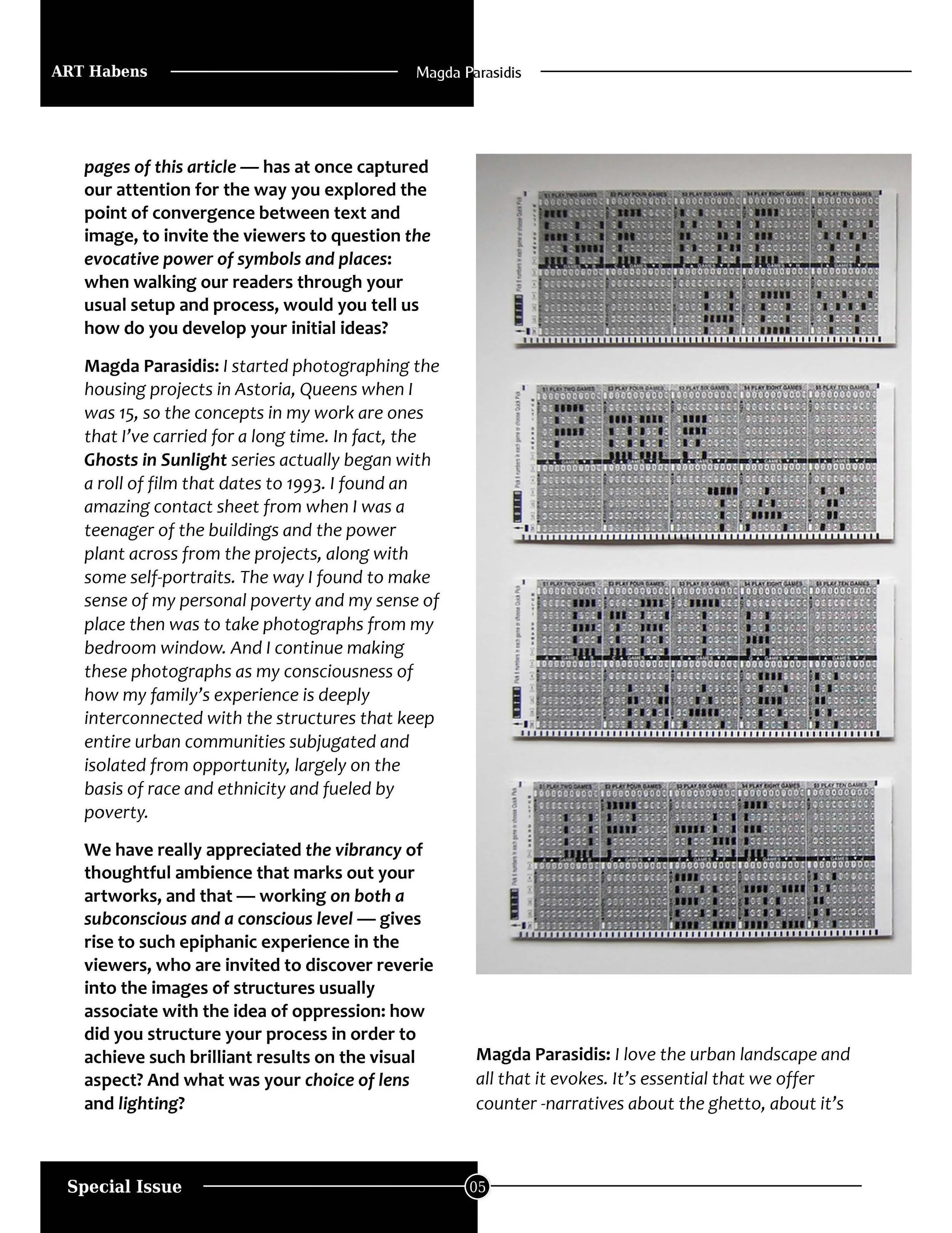 ART HABENS Contemporary Art Review magazine featuring contemporary artwork from Magda Parasidis Ghosts in Sunlight text discusses the artist's work and inspiration, mentioning urban landscapes and symbolism.
