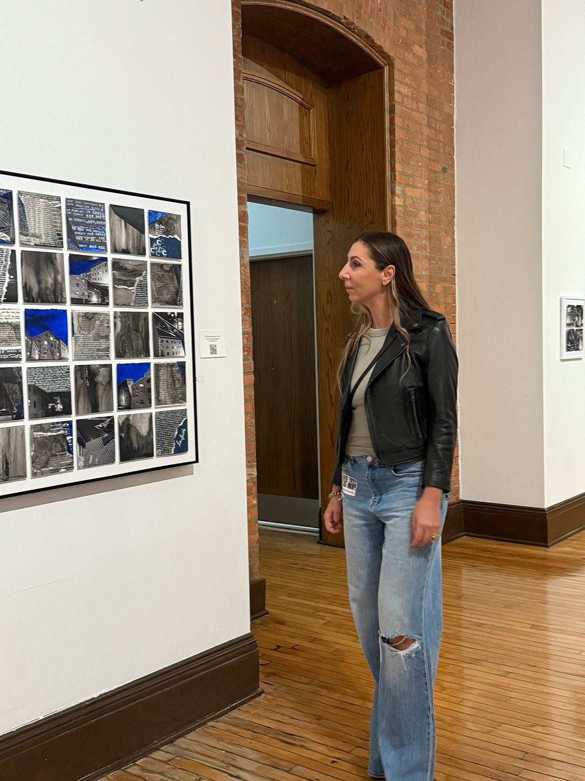 Artist Magda Parasidis shown as she exhibits Kites photocollages at the Ohio Art League Fall 2025 show at the Shot Tower, Columbus OH