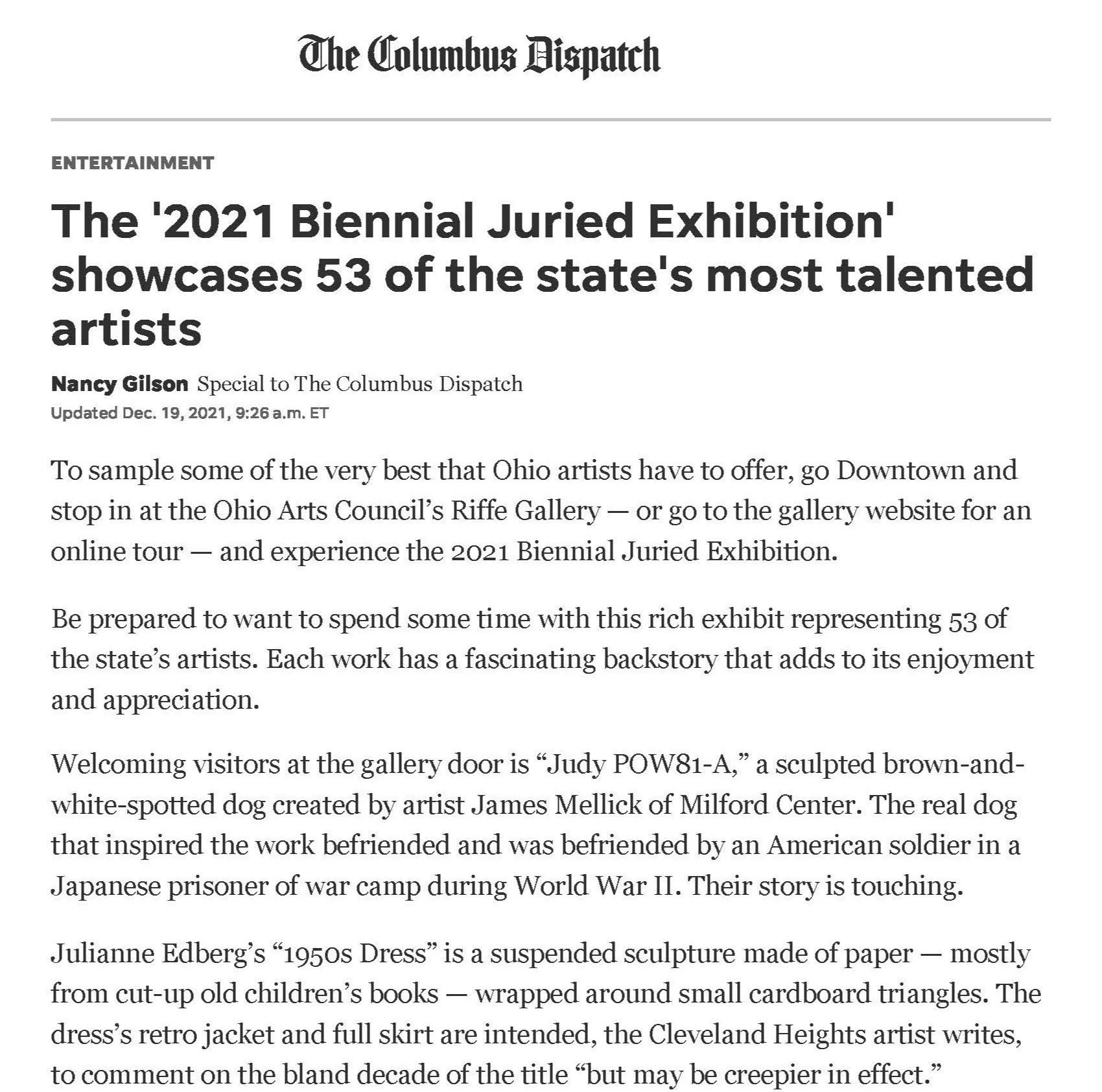 Magda Parasidis Screenshot of a news article from The Columbus Dispatch about the 2021 Biennial Juried Exhibition showcasing 53 Ohio artists, featuring details about artwork and artist statements.