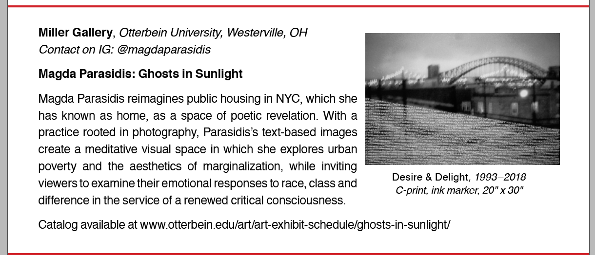 Black and white photograph of a cityscape with a bridge in the background, viewed from a rooftop by Magda Prasidis entitled The Chasm from Ghosts in Sunlight series of photocollages at Otterbein University Miller Gallery Columbus OH