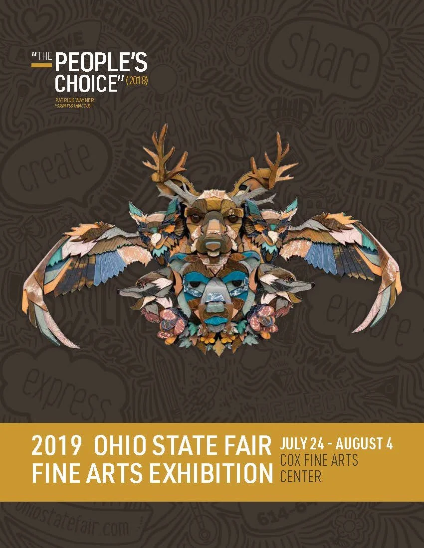 Poster for the Ohio State Fair 2019 Fine Arts Exhibition featuring a mosaic art of a deer with antlers and wings.