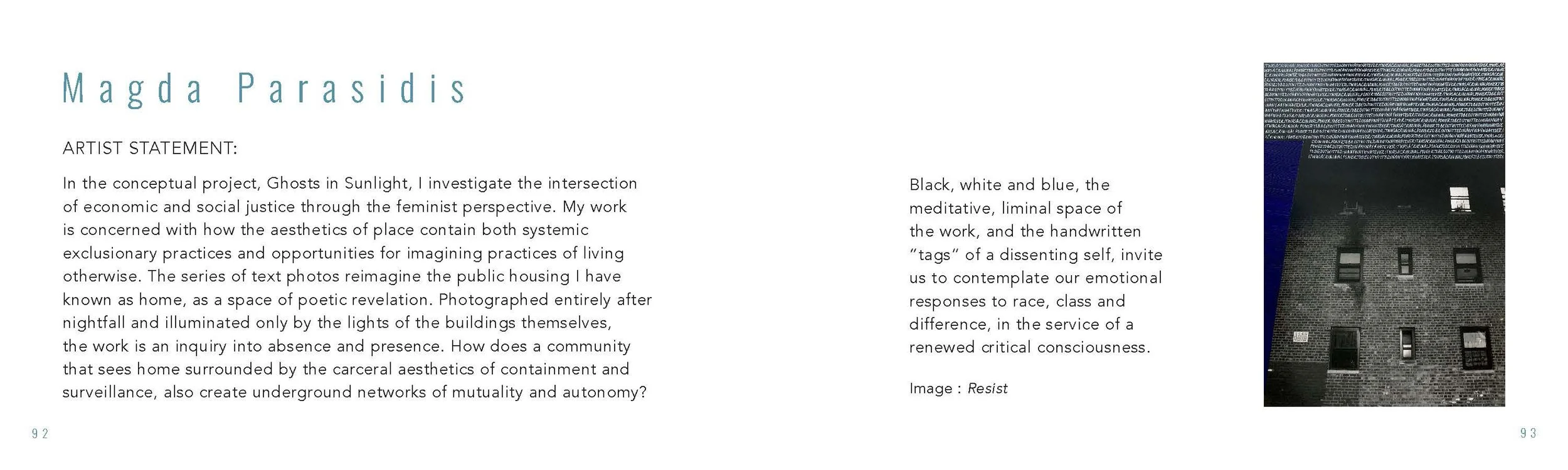 Magda Parasidis Resist from Ghosts in Sunlight exhibit in Blue Hour show at Intersect Arts Center  St. Louis, MO