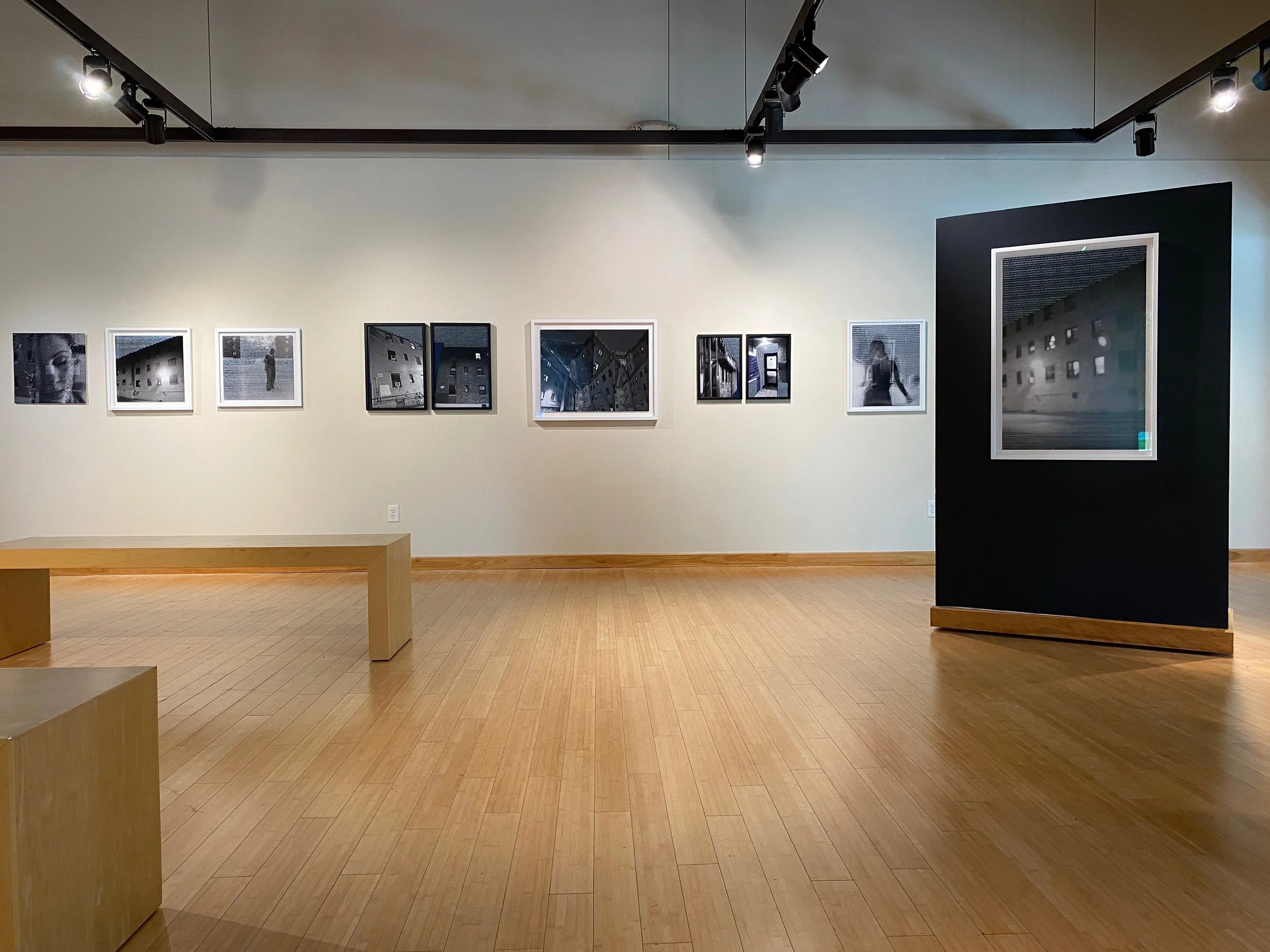 Magda Parasidis Ghosts in Sunlight exhibit Otterbein University installation view of text photo and photocollage Cluster and Accumulate